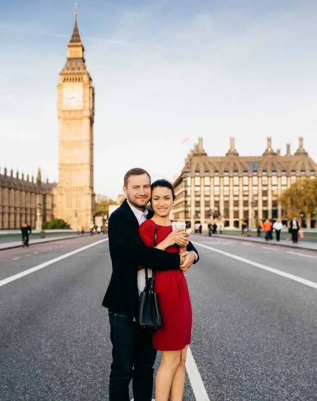A couple of tourists standing on Westminster Bridge with Big Ben in the background