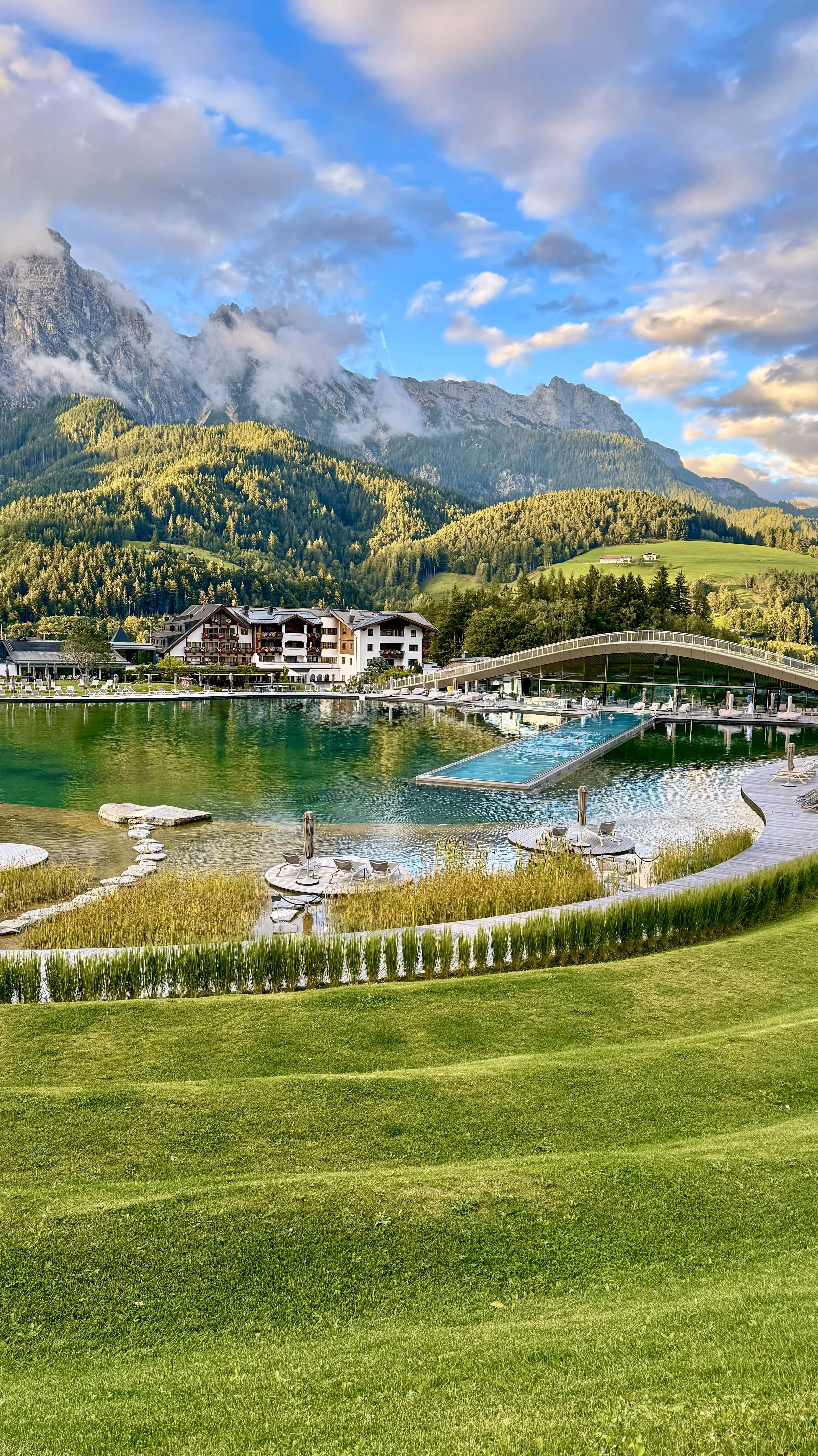 Modern wooden sauna interior with curved benches and large glass windows overlooking a green hillside and mountains.