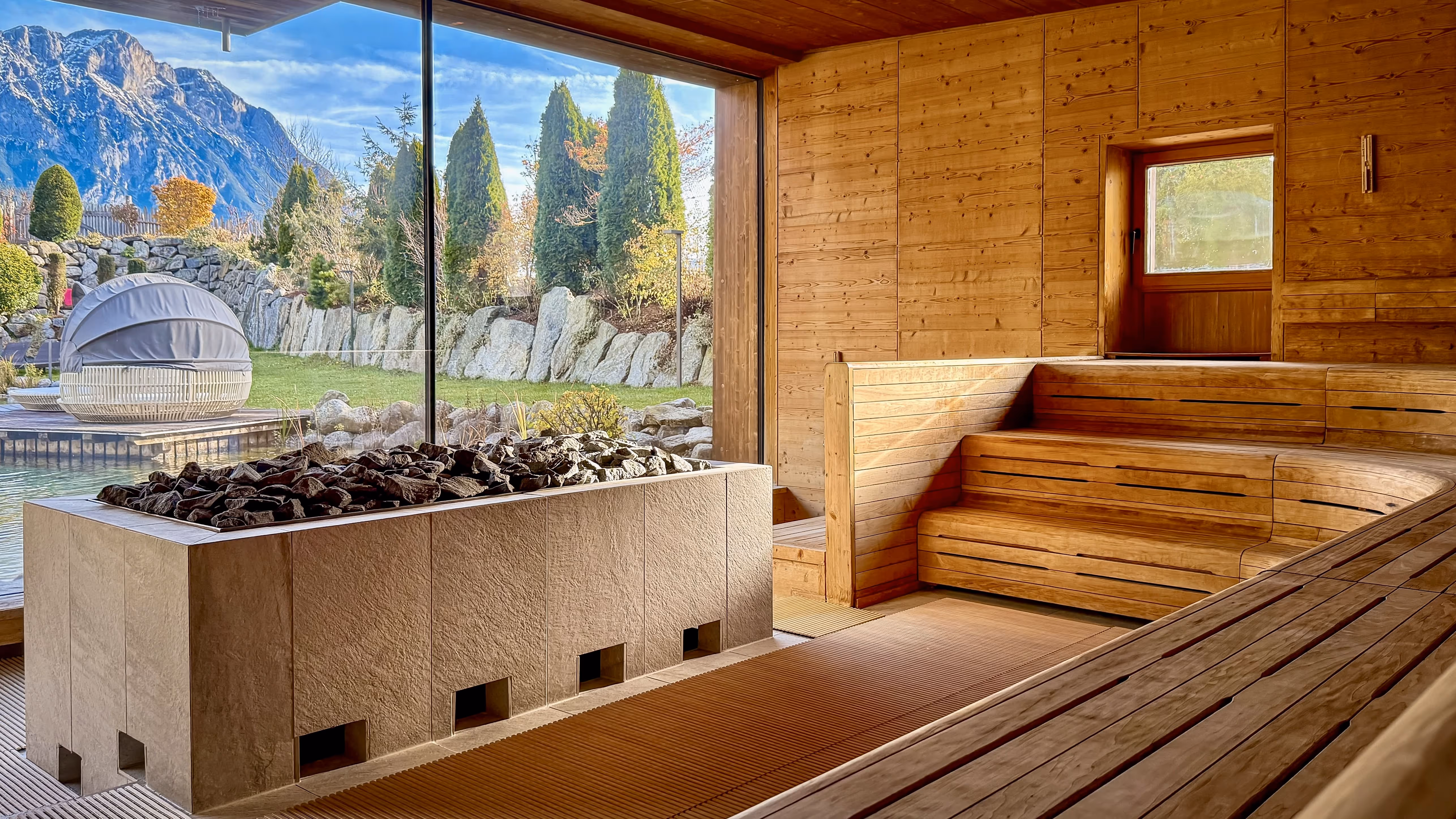 View from sauna over the lake and mountains