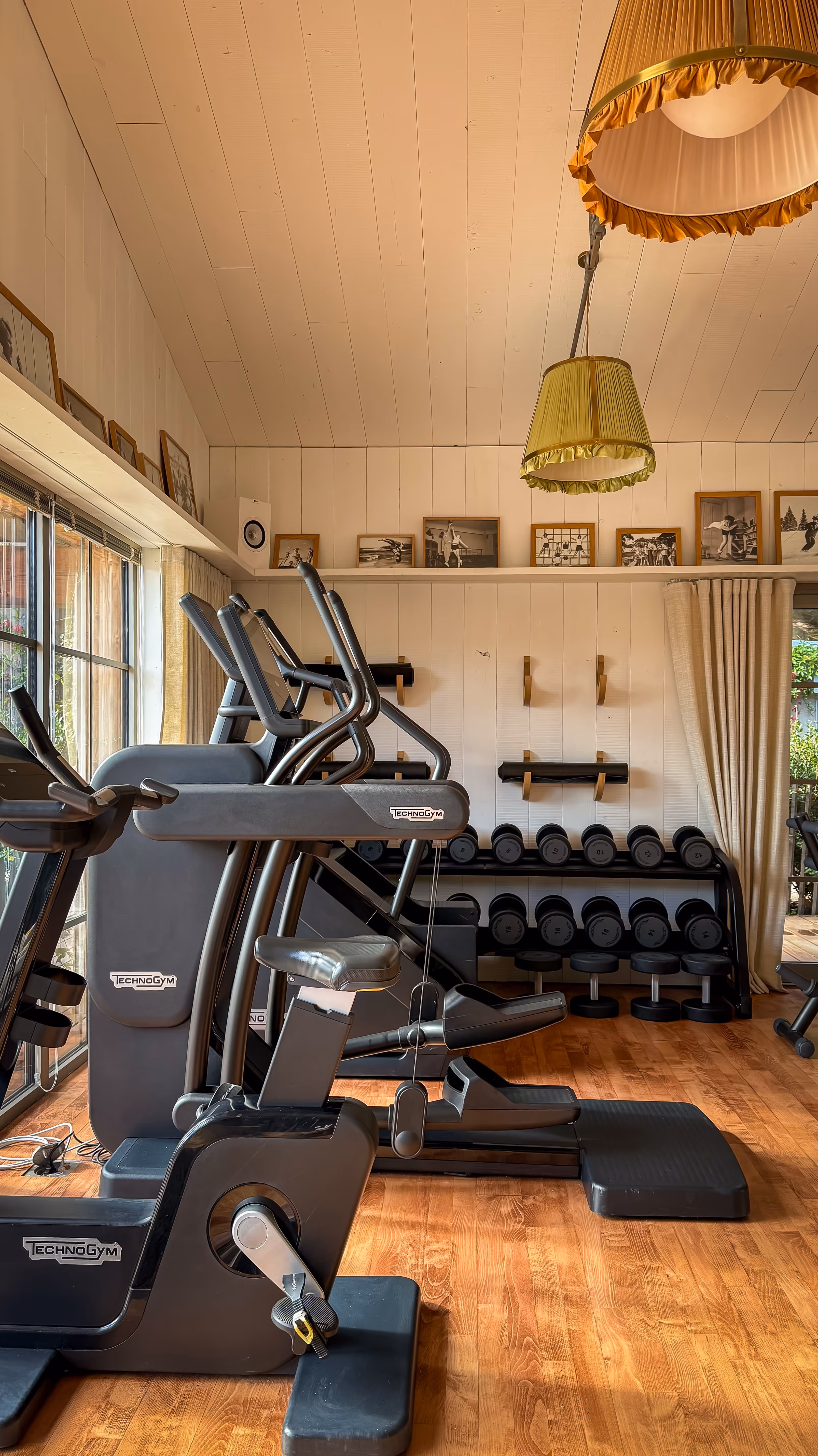Home gym with Technogym exercise bike, treadmills, dumbbells on rack, wood flooring, and framed photos on white paneled walls.