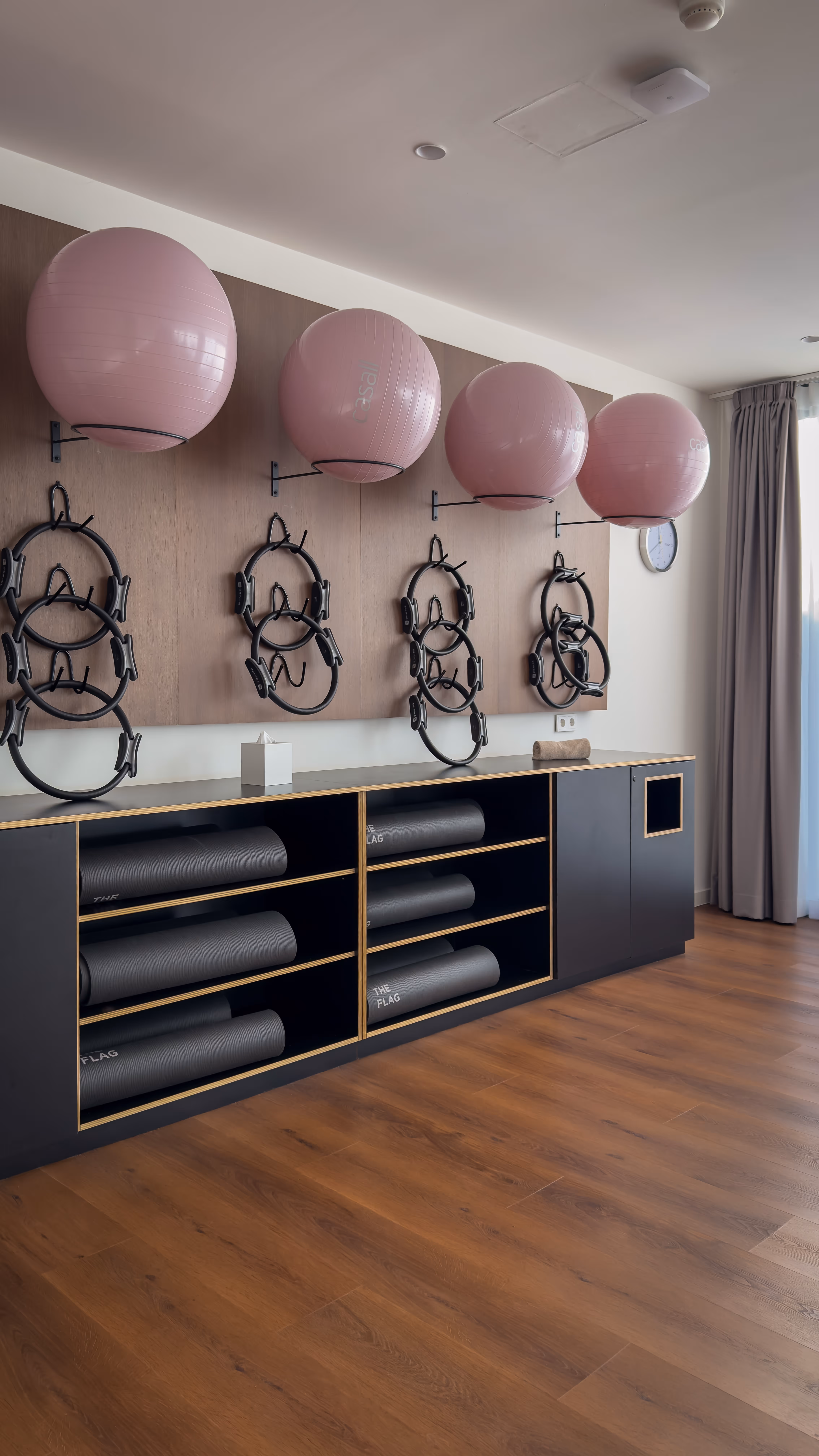 Indoor fitness area with wooden floor, shelves holding black exercise mats, pink exercise balls mounted on the wall, and black resistance rings hanging below.