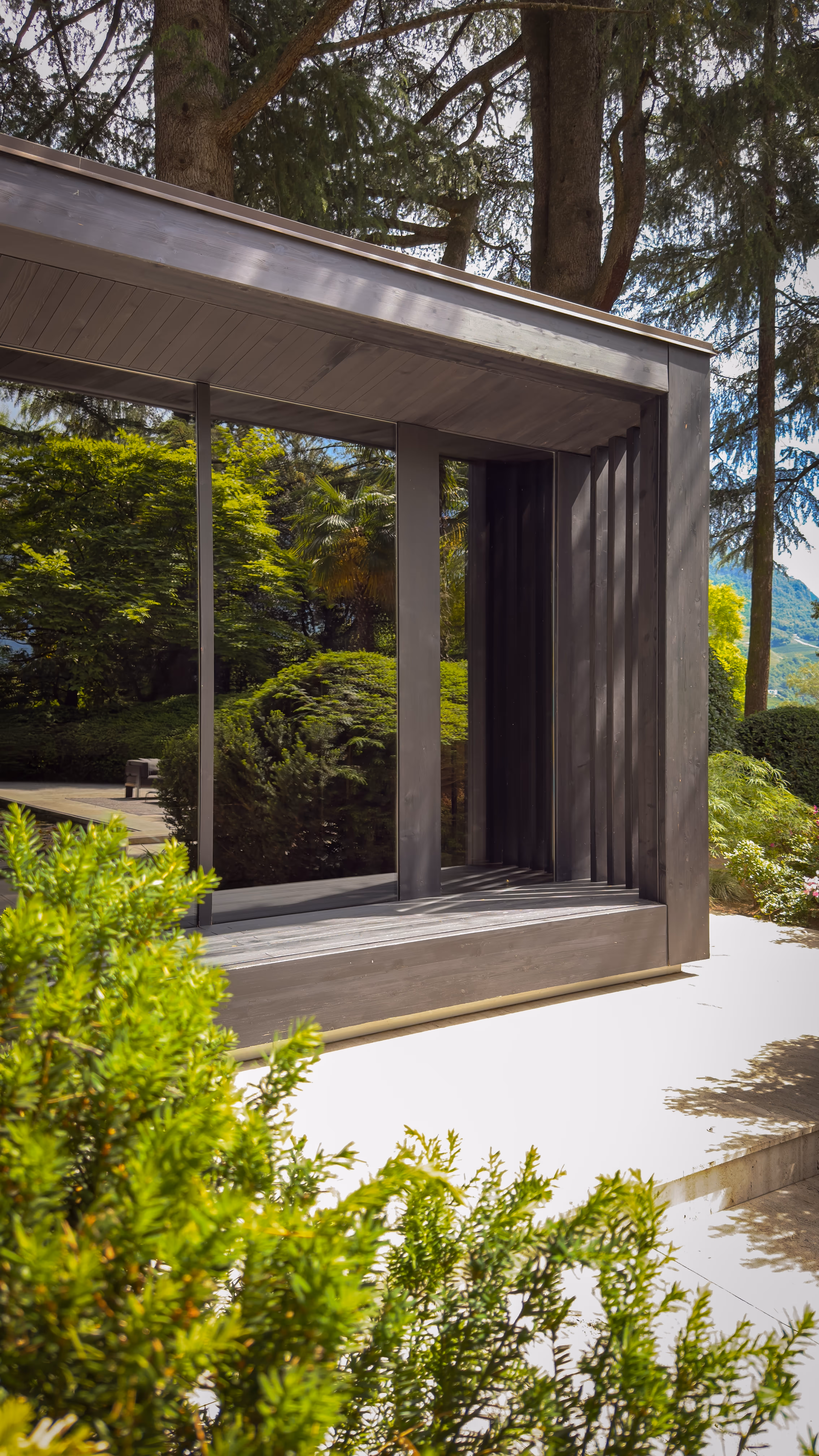 Modern dark wooden outdoor structure with glass panels reflecting lush green garden and trees.