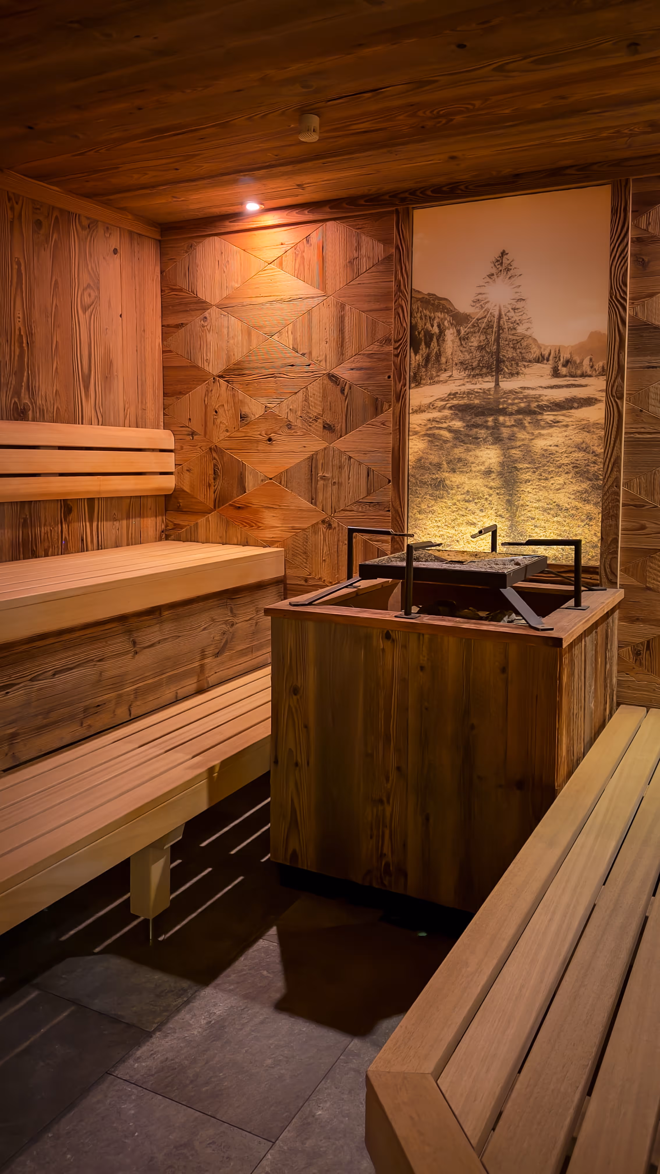 Wood-paneled sauna with benches, a central heater, and a nature-themed illuminated wall panel.