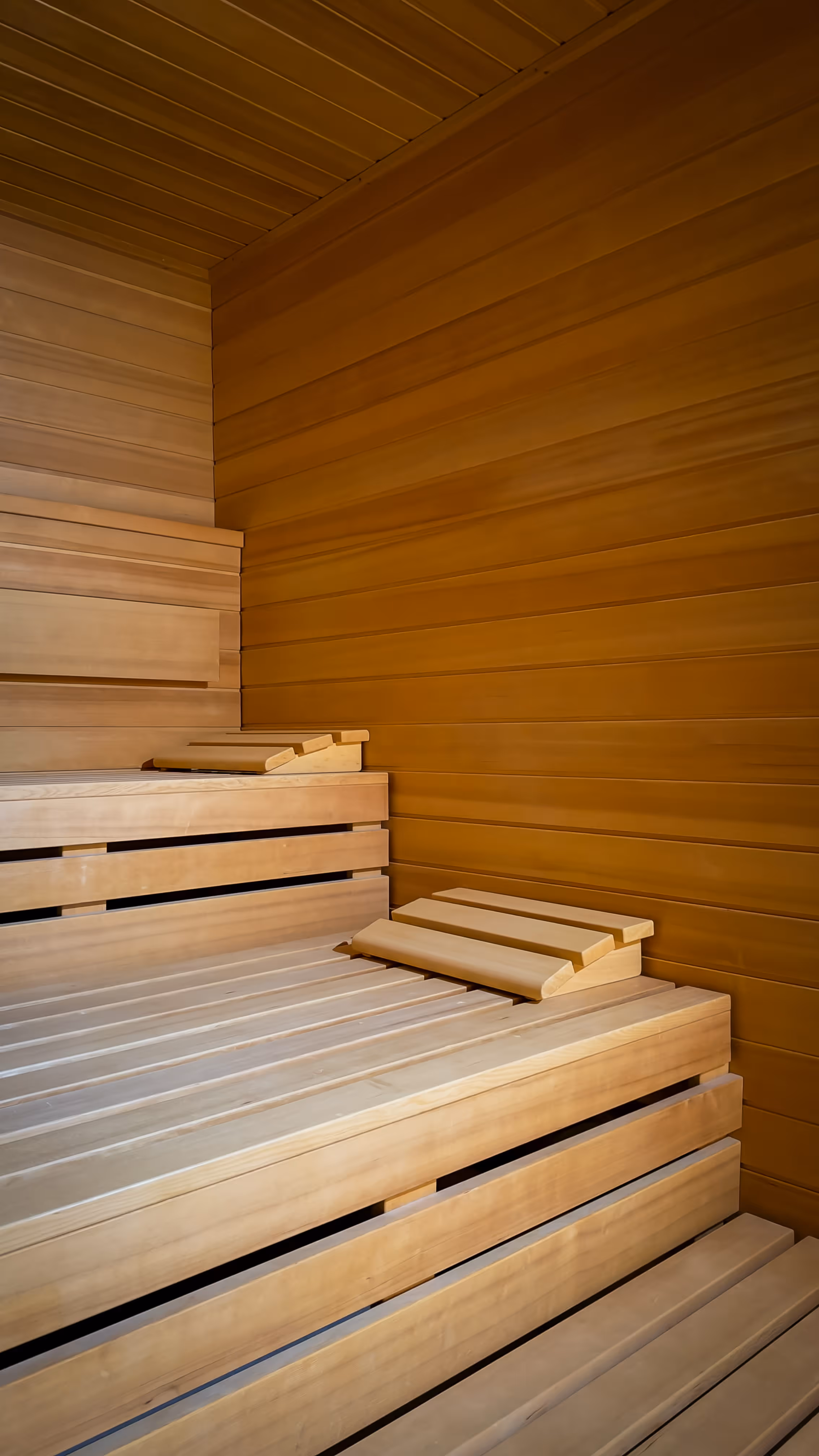 Interior of a wooden sauna with tiered benches and wooden backrests.