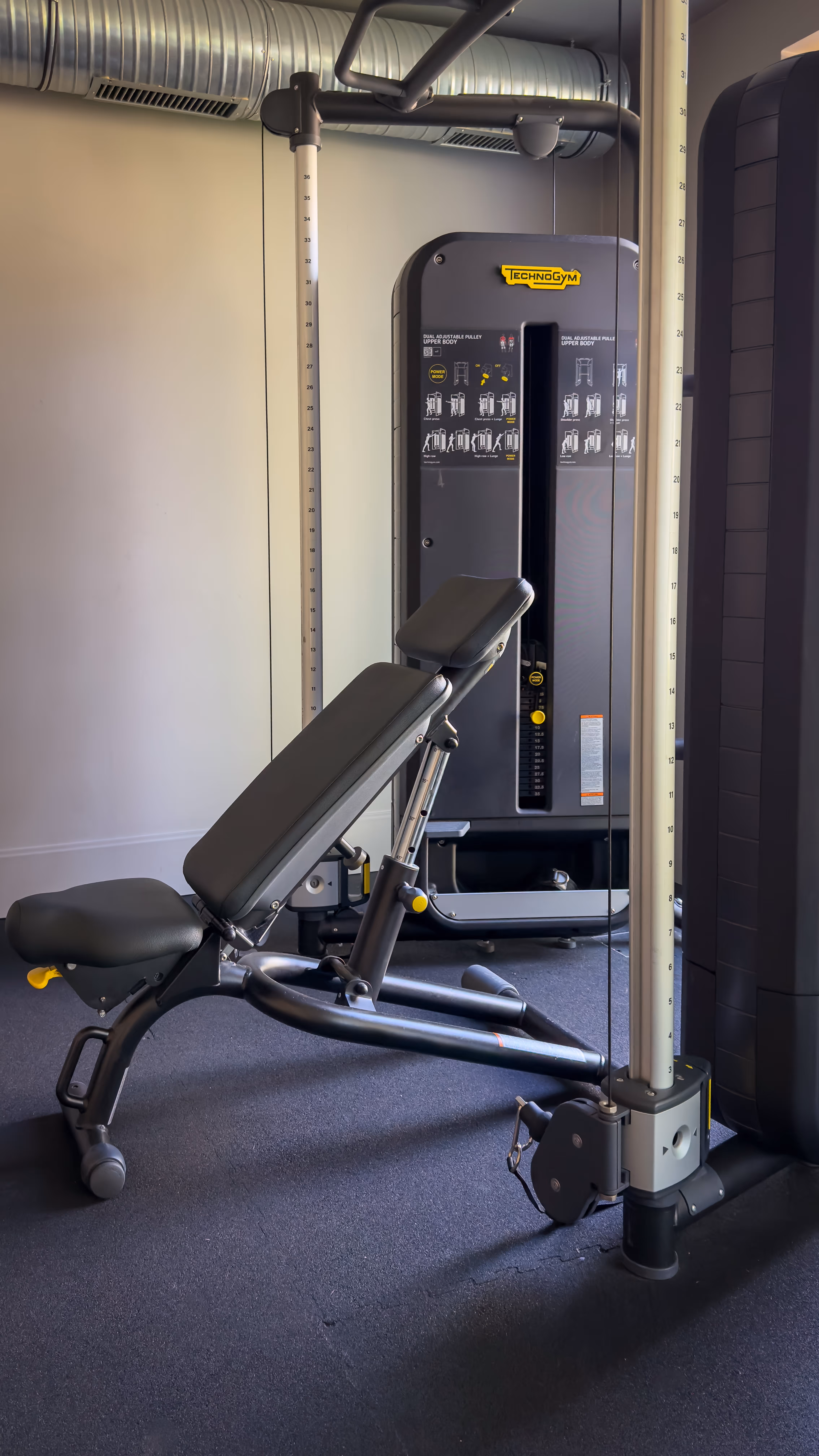 Adjustable bench and Technogym dual pulley machine for upper body workouts in a gym.