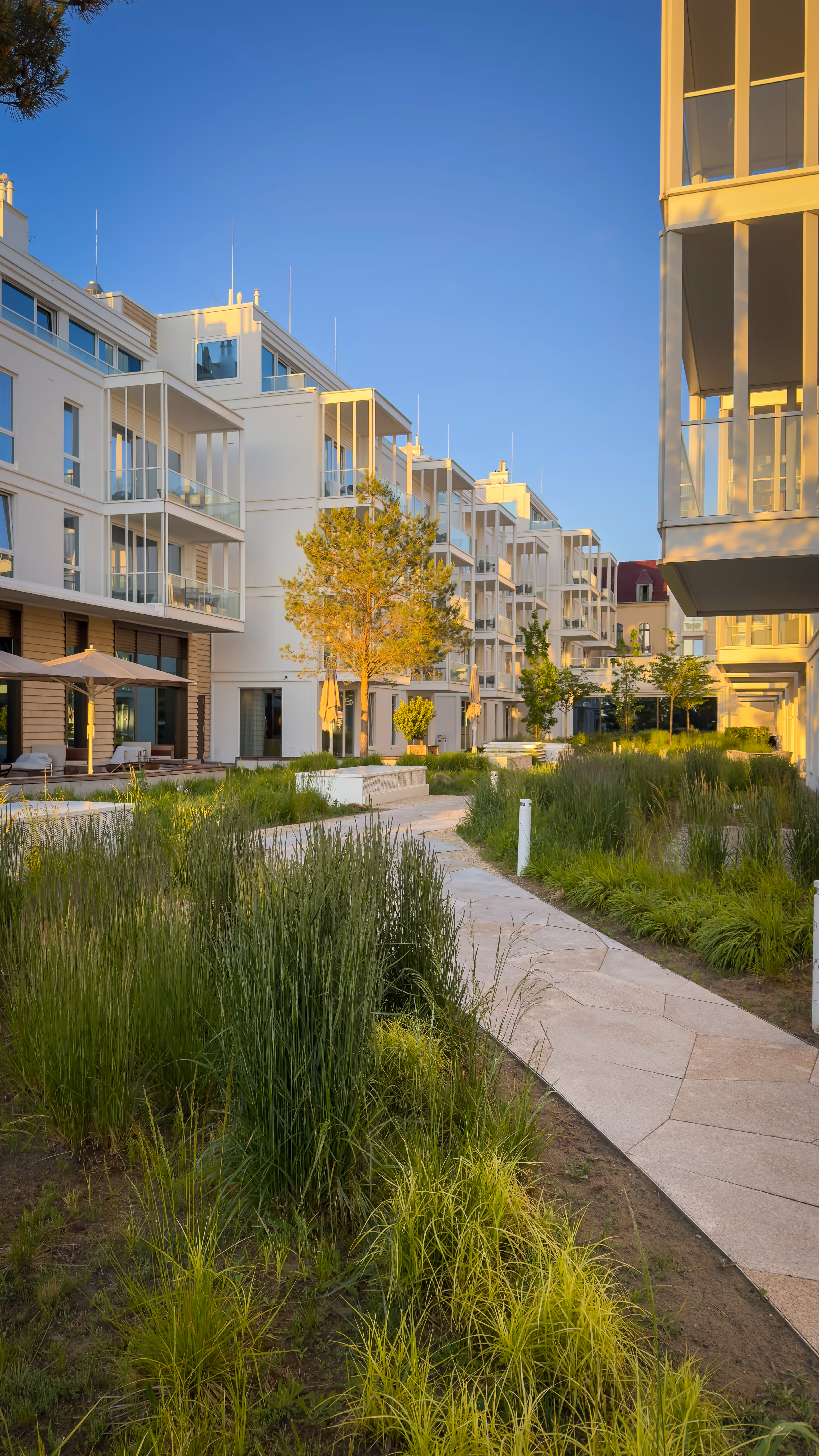 Modern white apartment buildings with balconies beside a stone walkway and lush green landscaping at sunset.
