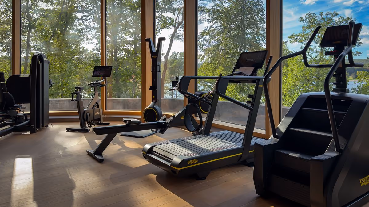Modern gym room with large windows overlooking trees and a lake, featuring exercise equipment including a treadmill, rowing machine, stationary bike, and stair climber on wood flooring.