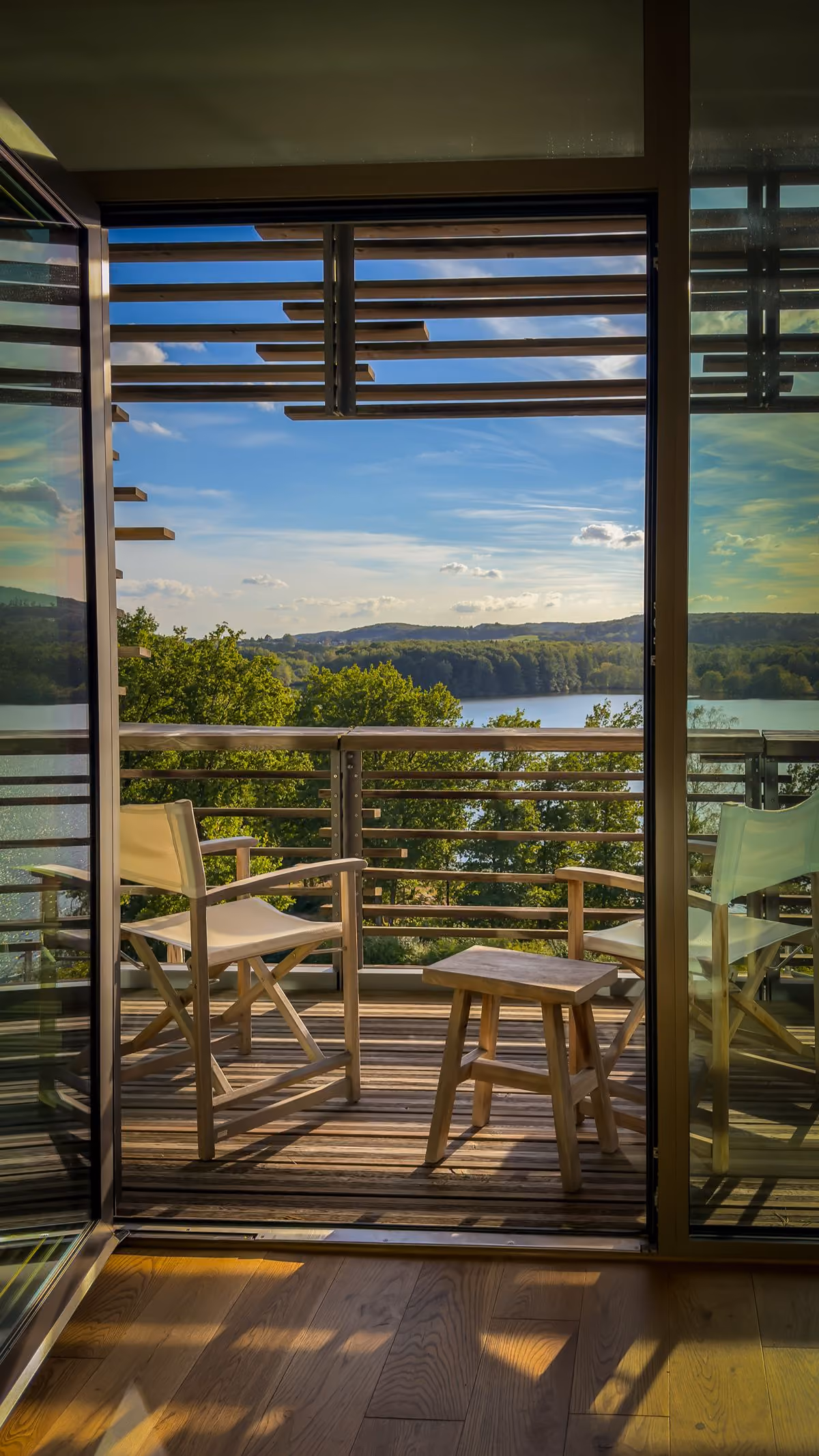 View from sauna over the lake and mountains