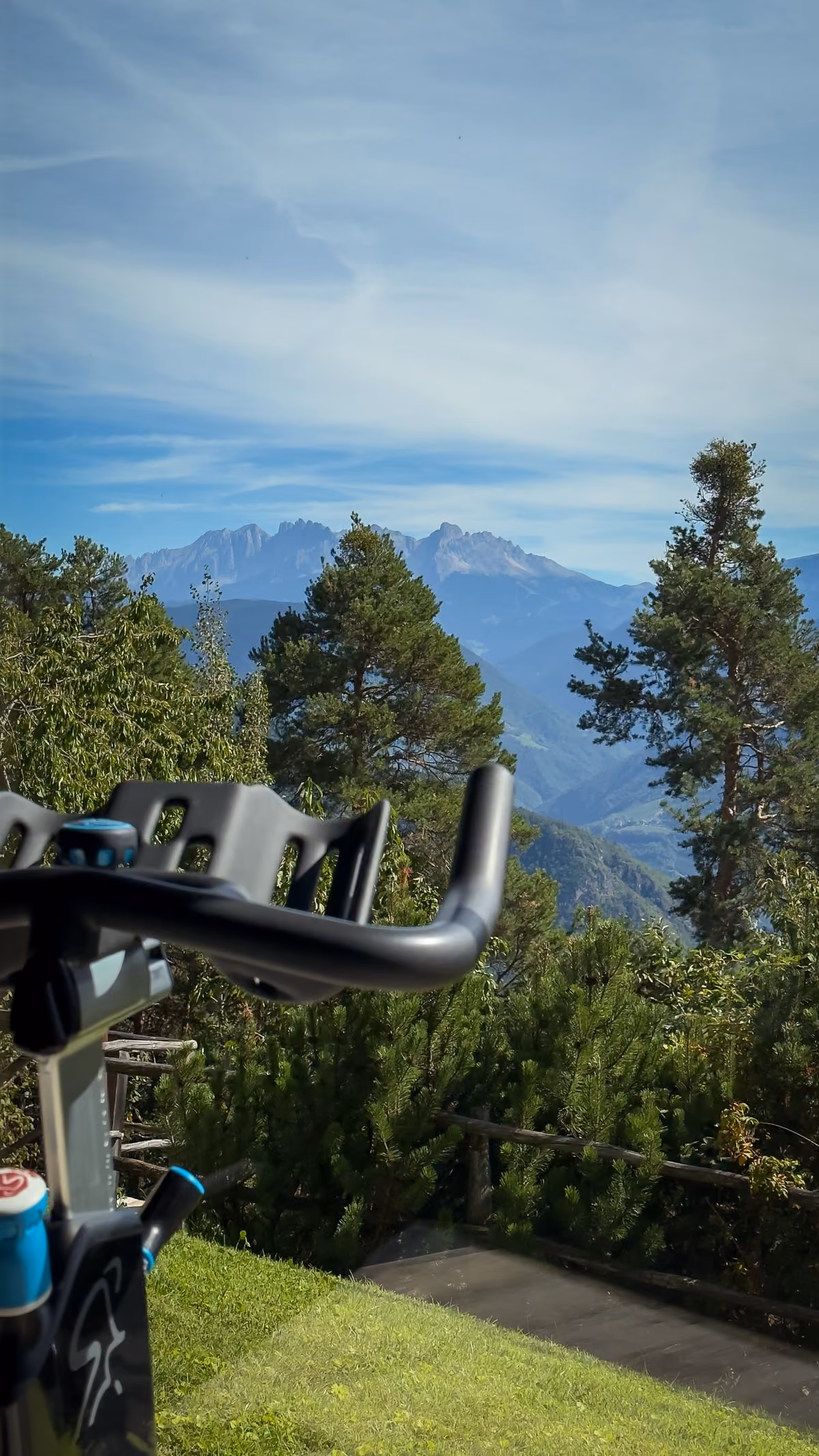 Handlebars of a stationary exercise bike with a scenic outdoor view of green trees, mountains, and a partly cloudy blue sky.