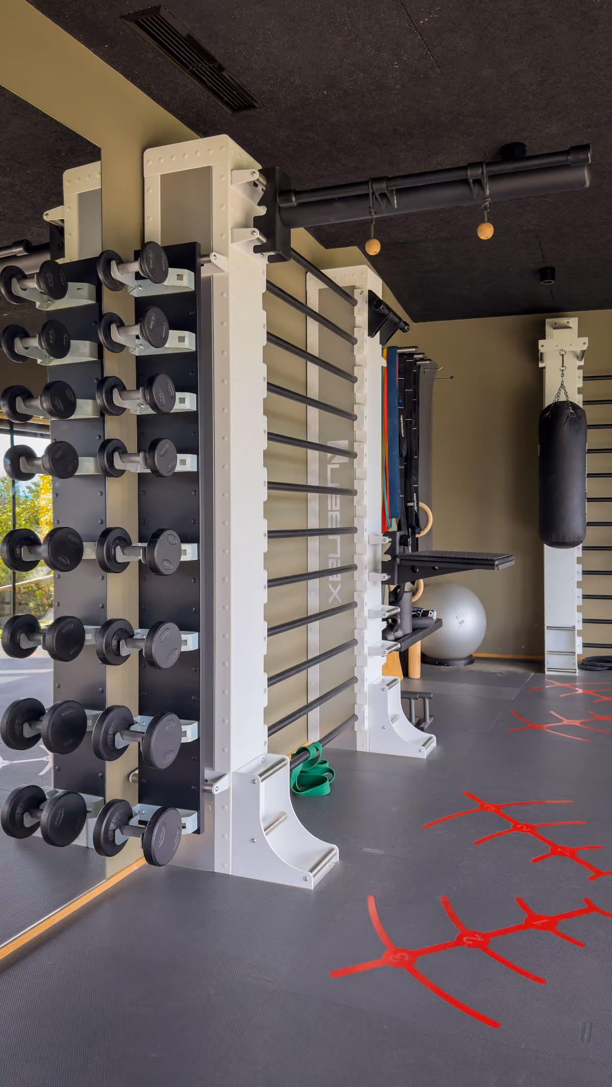 Modern gym room with a large white exercise rack holding multiple barbells and dumbbells visible on the left side, a punching bag mounted on the far wall, a gray exercise ball, wooden gymnastic rings, green resistance bands on the floor, and a gray floor marked with red agility ladder patterns.