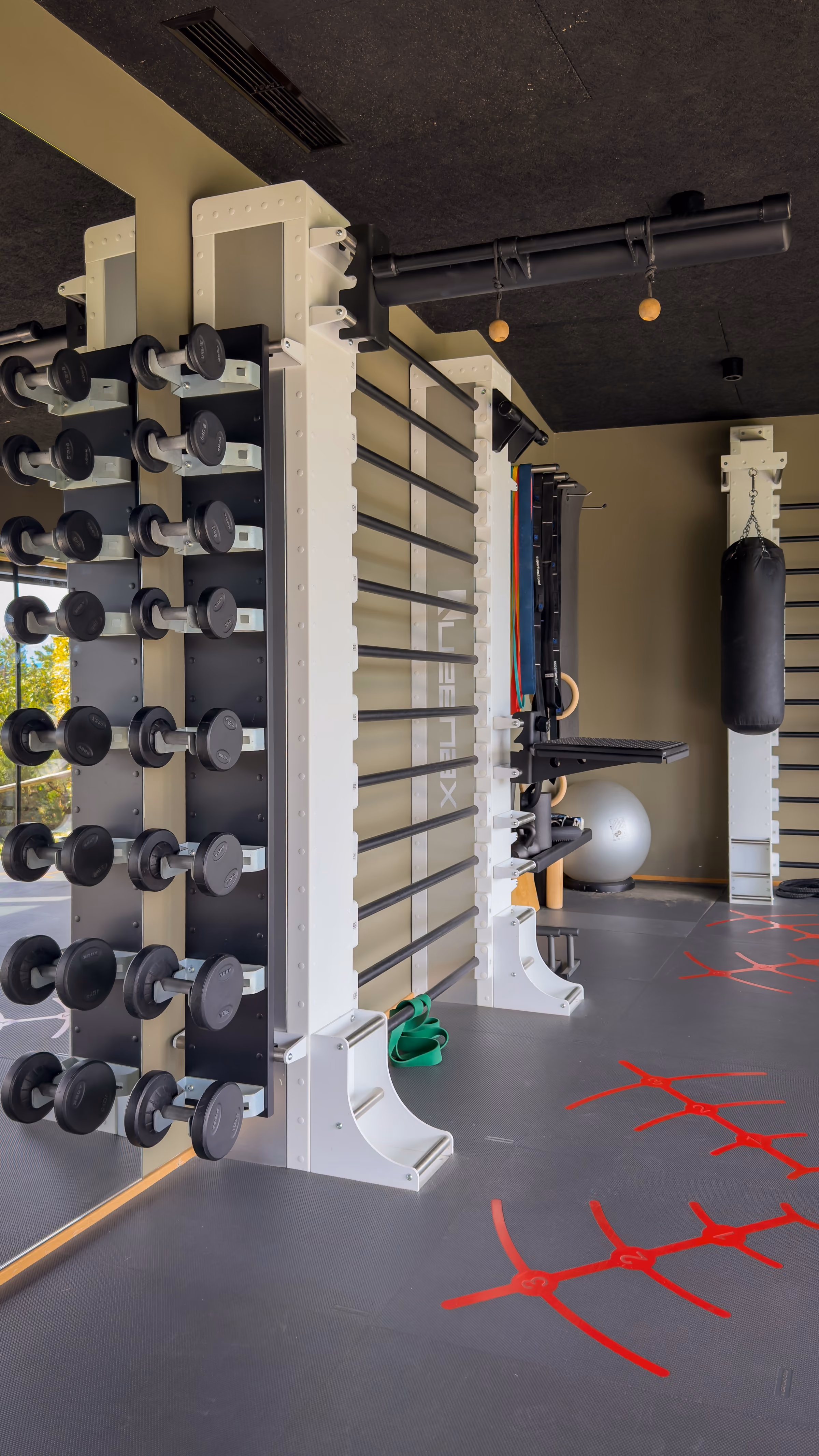 Modern gym room with a large white exercise rack holding multiple barbells and dumbbells visible on the left side, a punching bag mounted on the far wall, a gray exercise ball, wooden gymnastic rings, green resistance bands on the floor, and a gray floor marked with red agility ladder patterns.