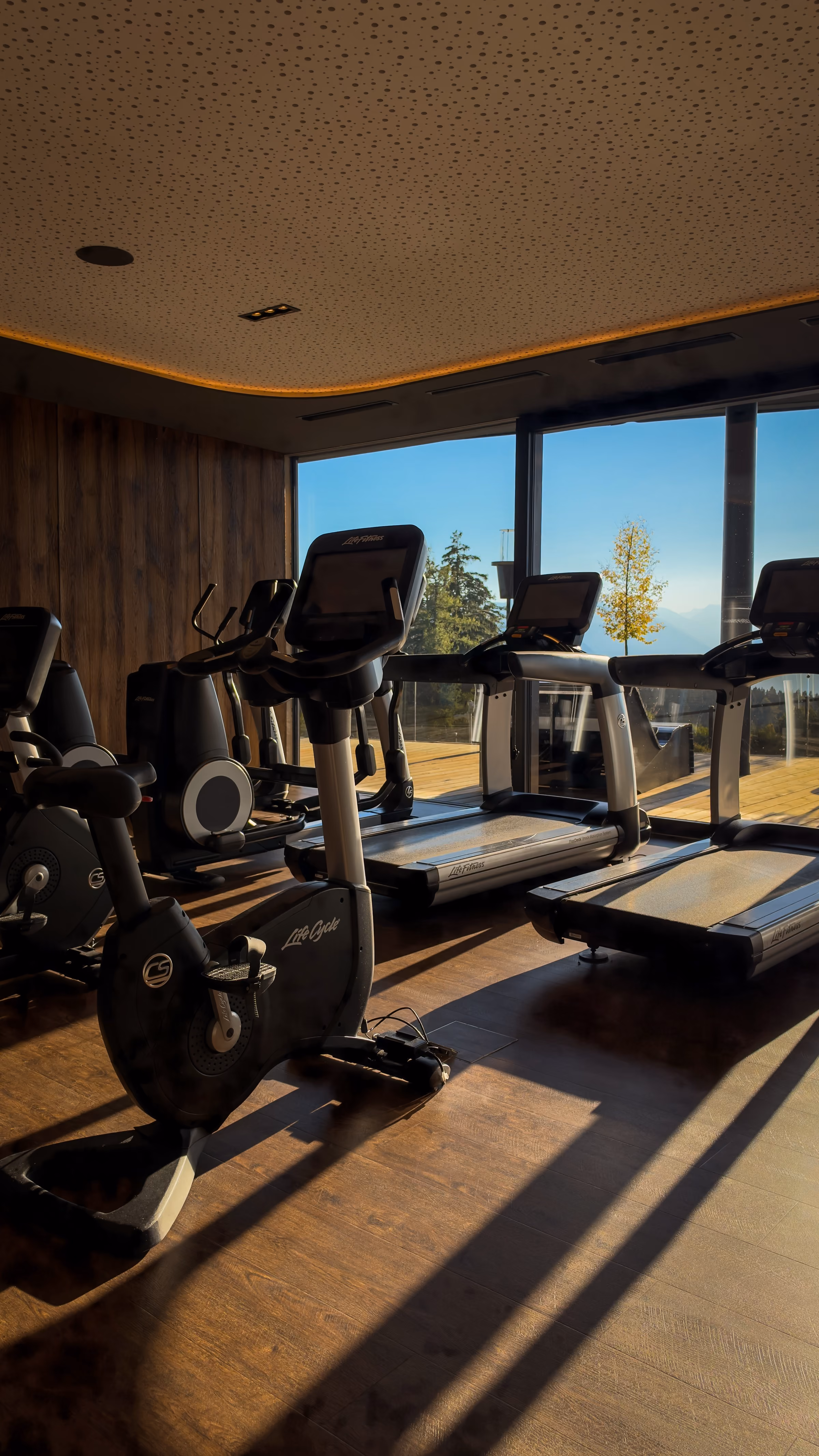View from inside a wooden sauna looking out through an open large window onto a deck with benches, green bushes, and a scenic mountain range under a clear blue sky.