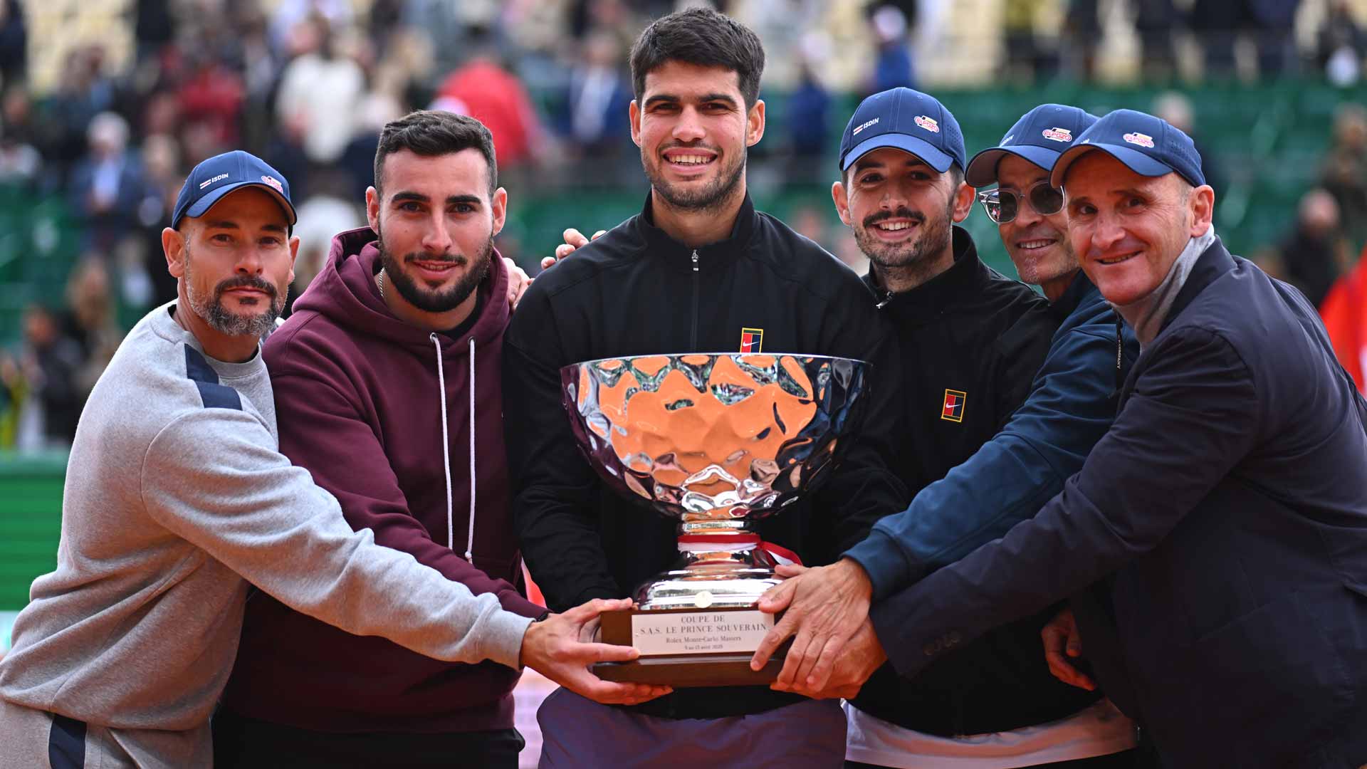 Carlos Alcaraz holding Monte Carlo Masters trophy after winning ATP Masters 1000 tournament in Monaco