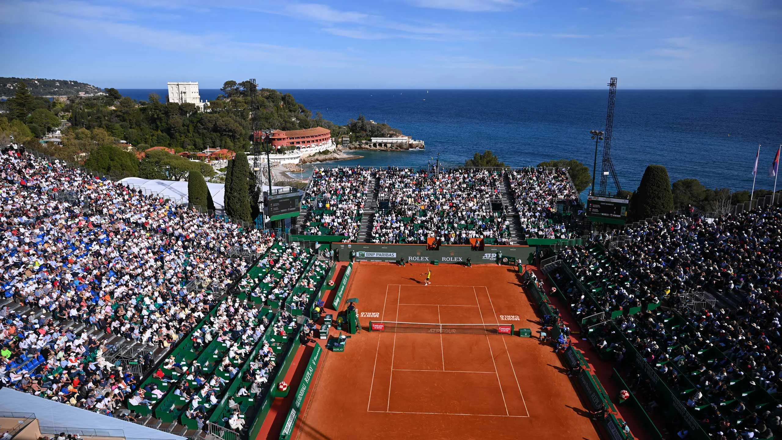 Monte Carlo Masters tennis tournament main court at Monte Carlo Country Club overlooking the Mediterranean in Monaco