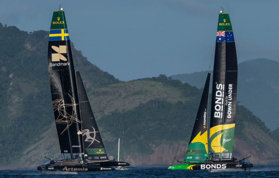 Artemis SailGP Team and Australia BONDS Flying Roos racing at the Rio Sail Grand Prix in Guanabara Bay, Rio de Janeiro