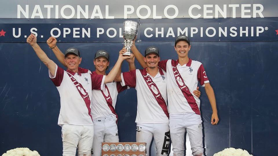 Curtis Pilot, Mackenzie Weisz, Camilo Castagnola and Lorenzo Chavanne celebrating with the trophy after winning the 2026 U.S. Open Polo Championship, National Polo Center Wellington, Living Sports