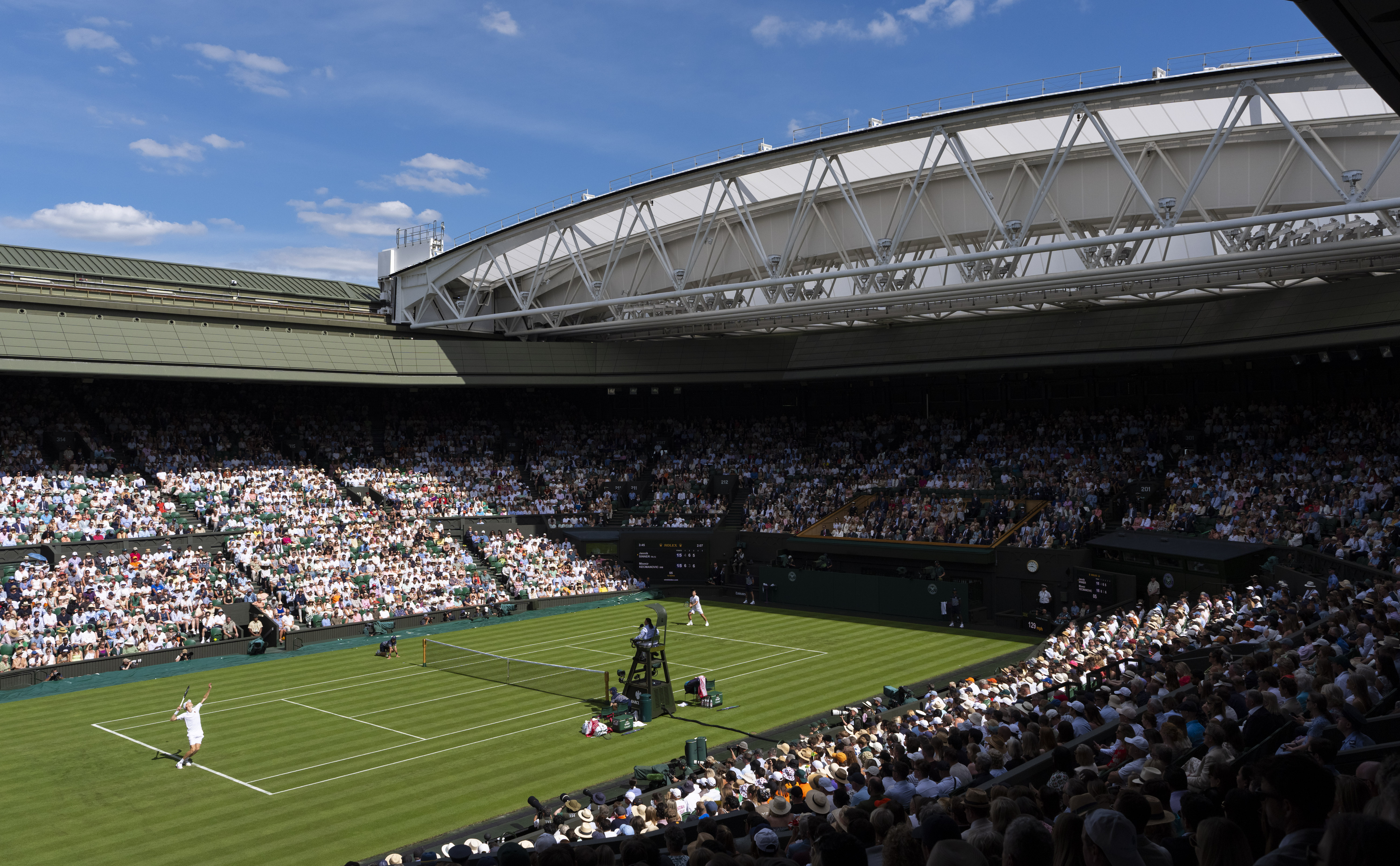 Jannik Sinner playing in the 2026 Wimbledon final in London