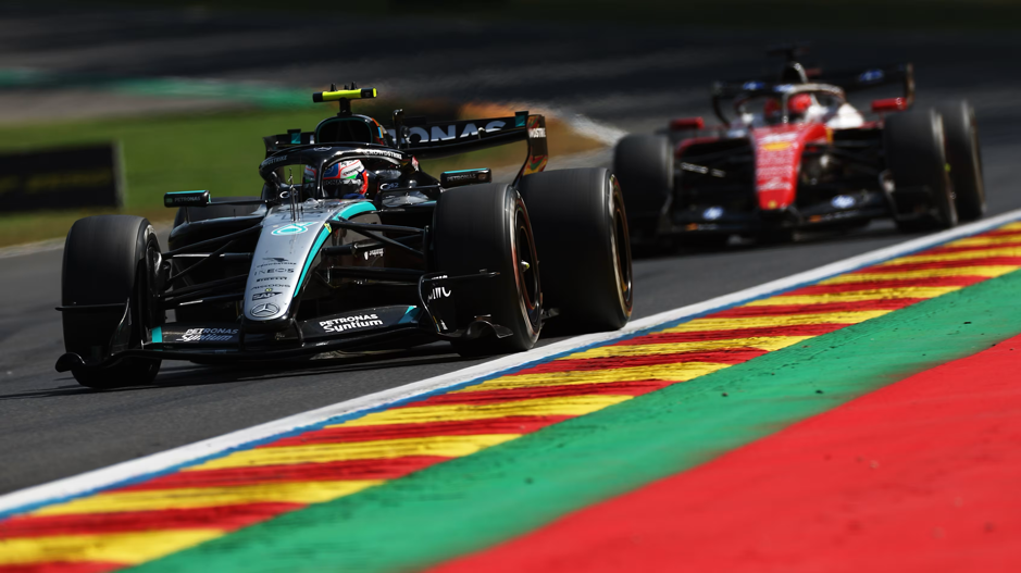 Charles Leclerc chasing Kimi Antonelli at the 2026 Belgian Grand Prix in Spa