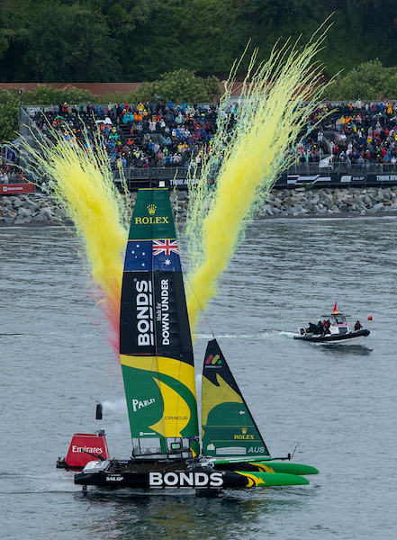 Australia SailGP team celebrating with fireworks at the 2026 Sassnitz Sail Grand Prix