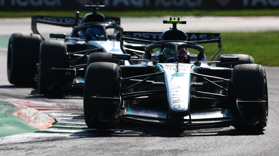 Mercedes Formula 1 cars of Kimi Antonelli and George Russell racing at the Italian Grand Prix in Monza
