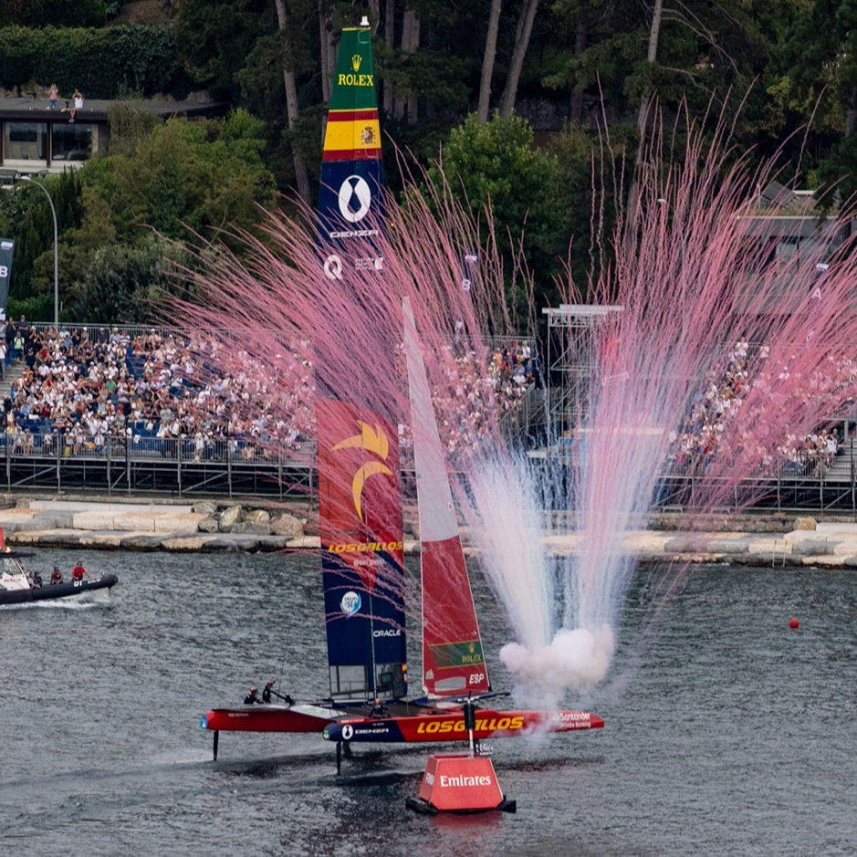 Los Gallos celebrating their SailGP Geneva victory over Australia on Lake Geneva