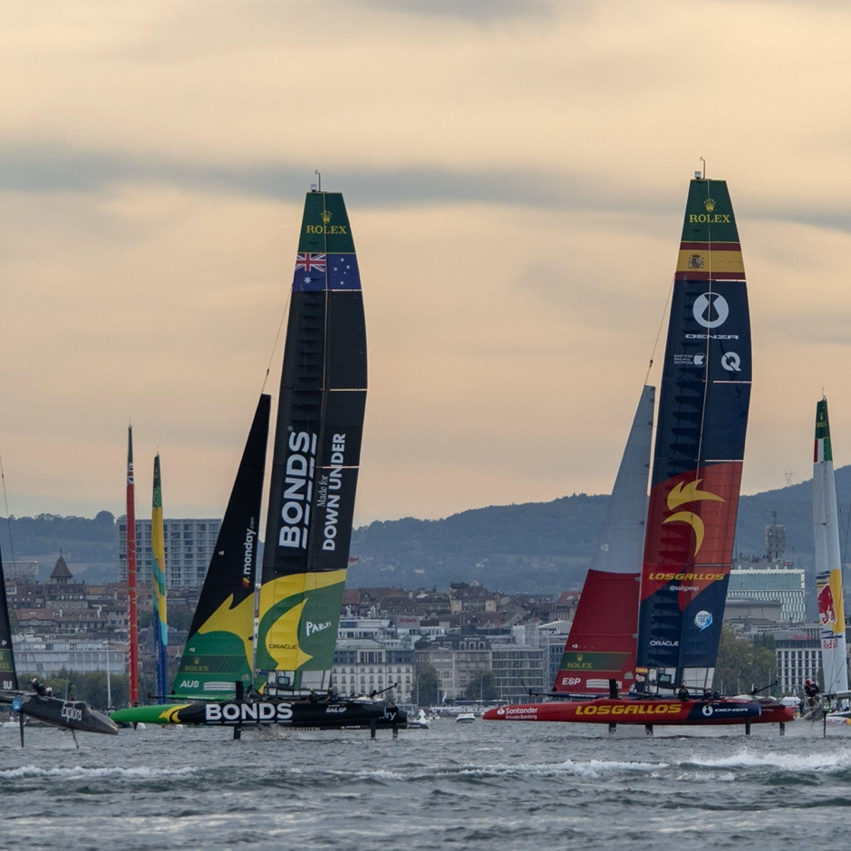 Los Gallos and Bonds Flying Roos racing for position at SailGP Geneva