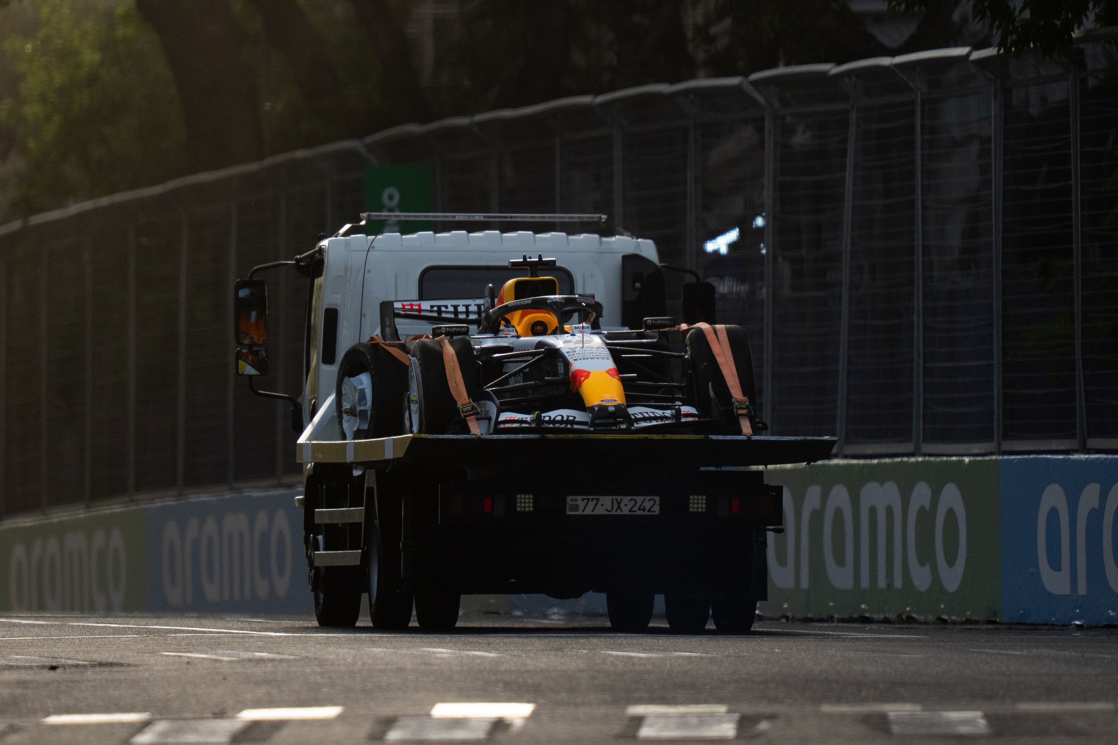 Arvid Lindblad's crashed car after his Free Practice 2 incident at the Azerbaijan Grand Prix