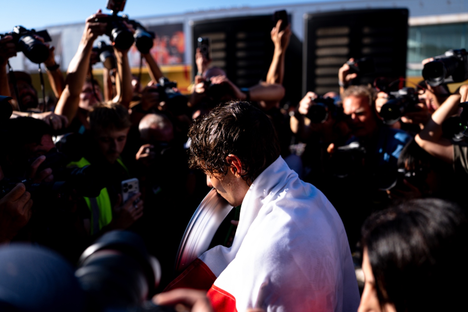 Formula 1 driver Kimi Antonelli celebrating victory for Mercedes at the Spanish Grand Prix in Madrid