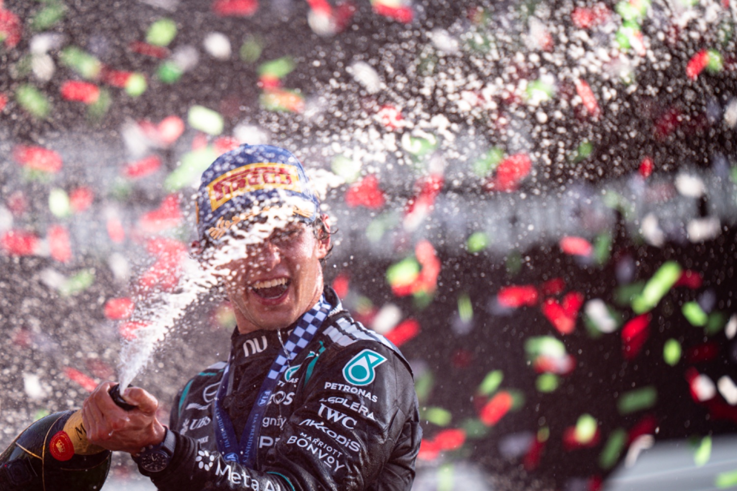 Formula 1 driver Kimi Antonelli celebrating his historic Italian Grand Prix win at Monza
