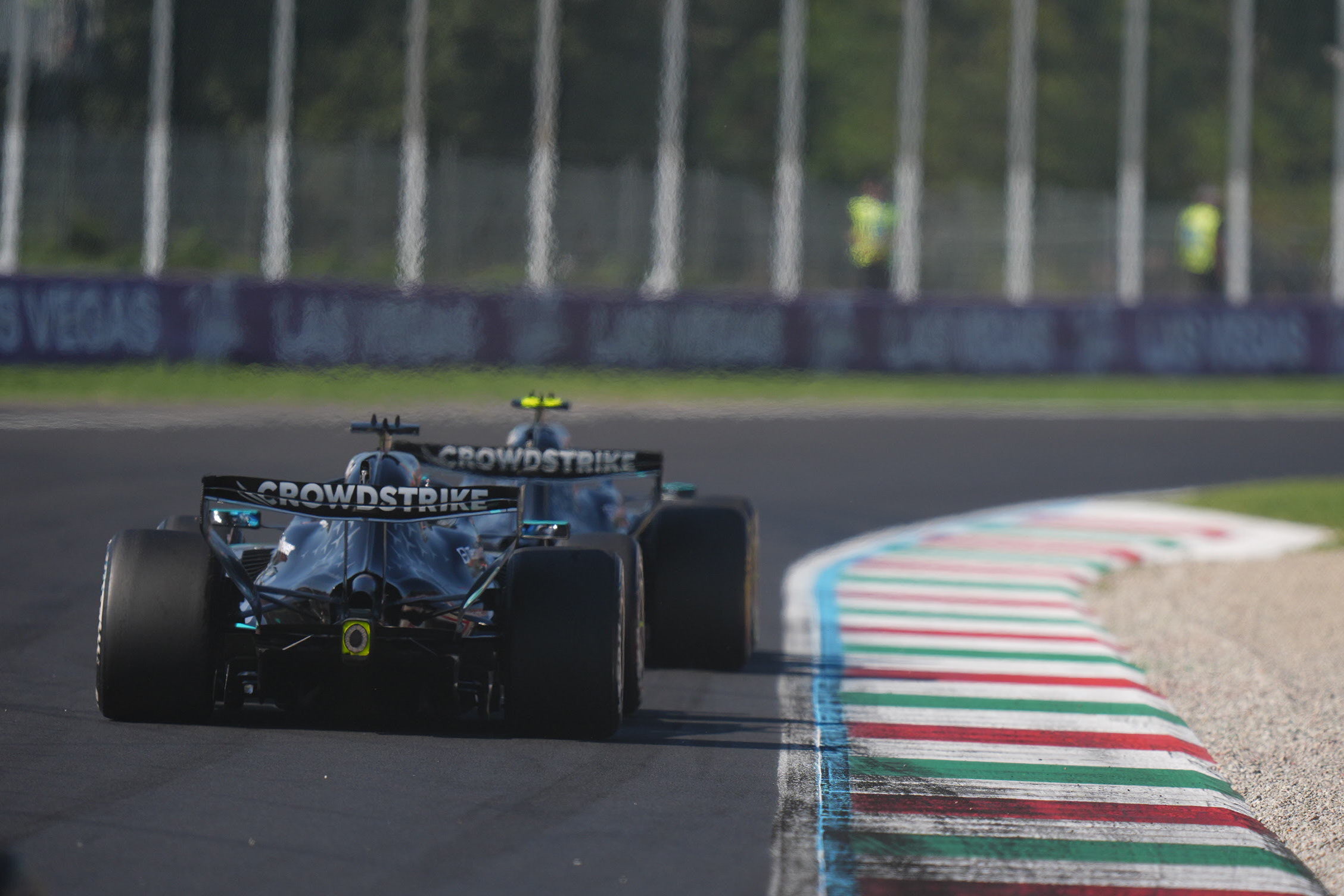 Mercedes Formula 1 cars of Kimi Antonelli and George Russell racing at the Italian Grand Prix in Monza