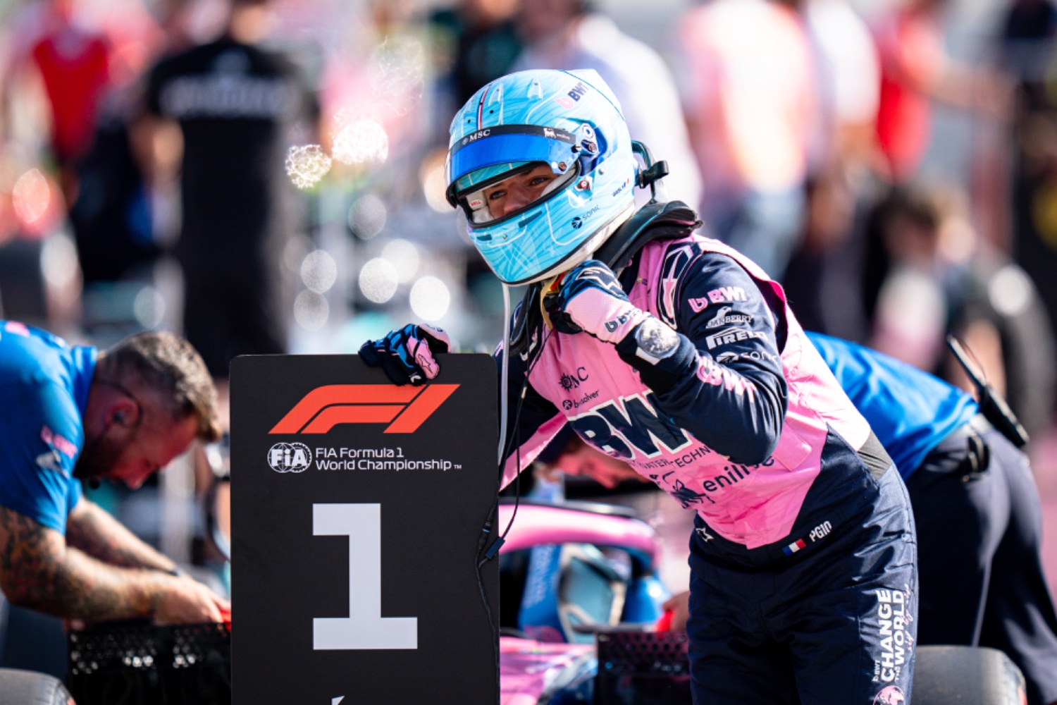 Formula 1 driver Pierre Gasly celebrating pole position for Alpine at the Italian Grand Prix in Monza
