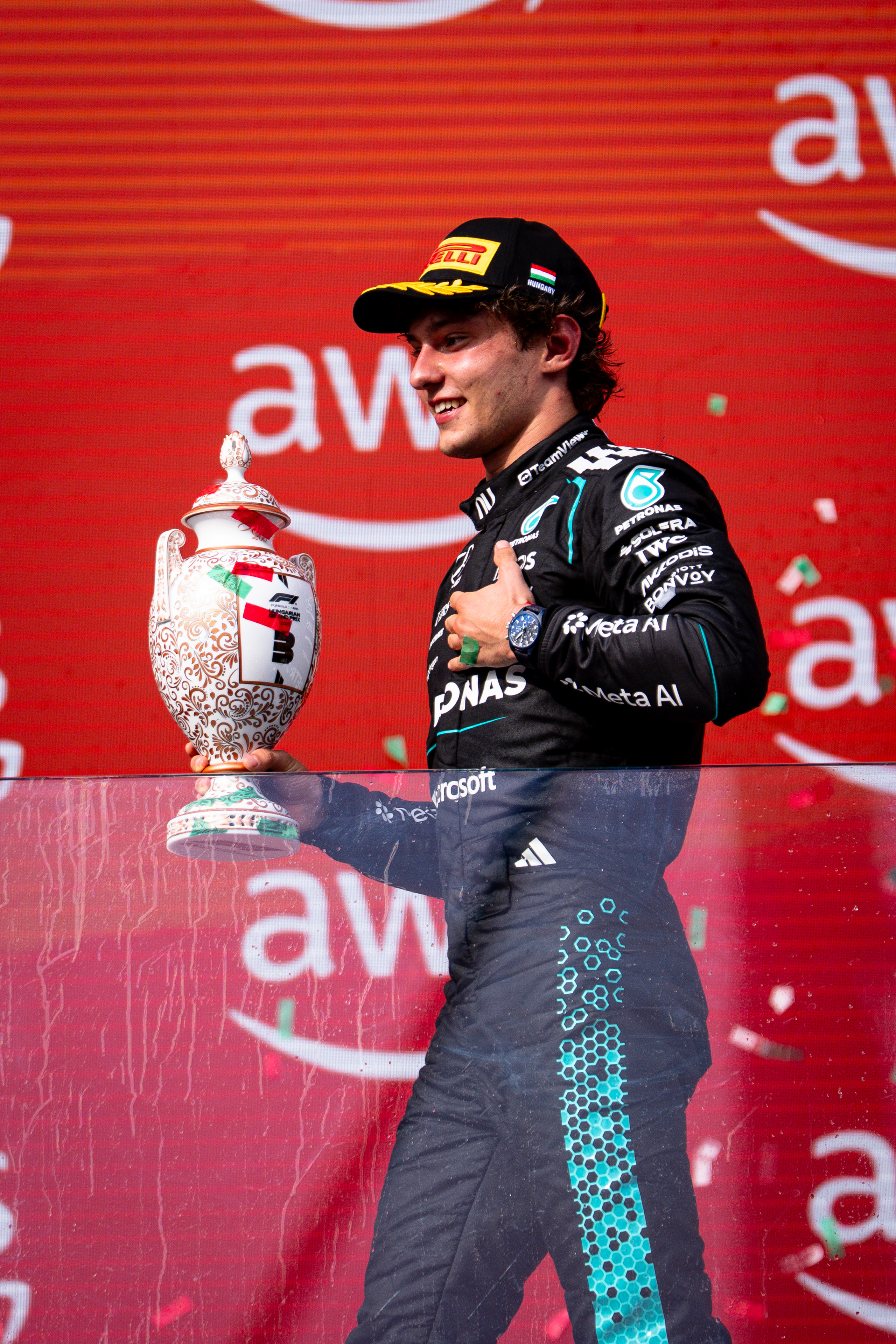 Kimi Antonelli celebrating third place at the 2026 Hungarian Grand Prix