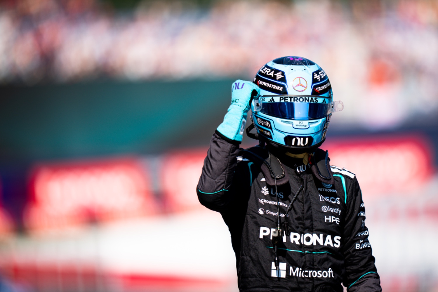George Russell celebrating pole position at the F1 Austrian Grand Prix in Spielberg