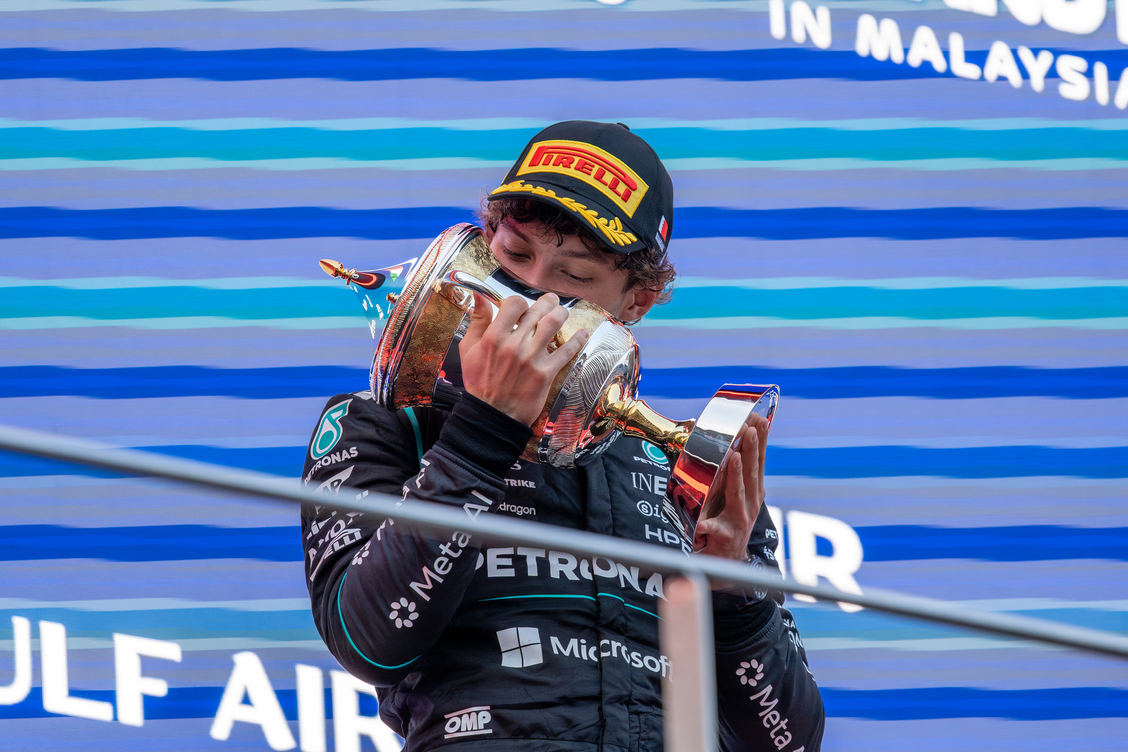 Formula 1 driver Kimi Antonelli driving for Mercedes at the Bahrain Grand Prix in Malaysia