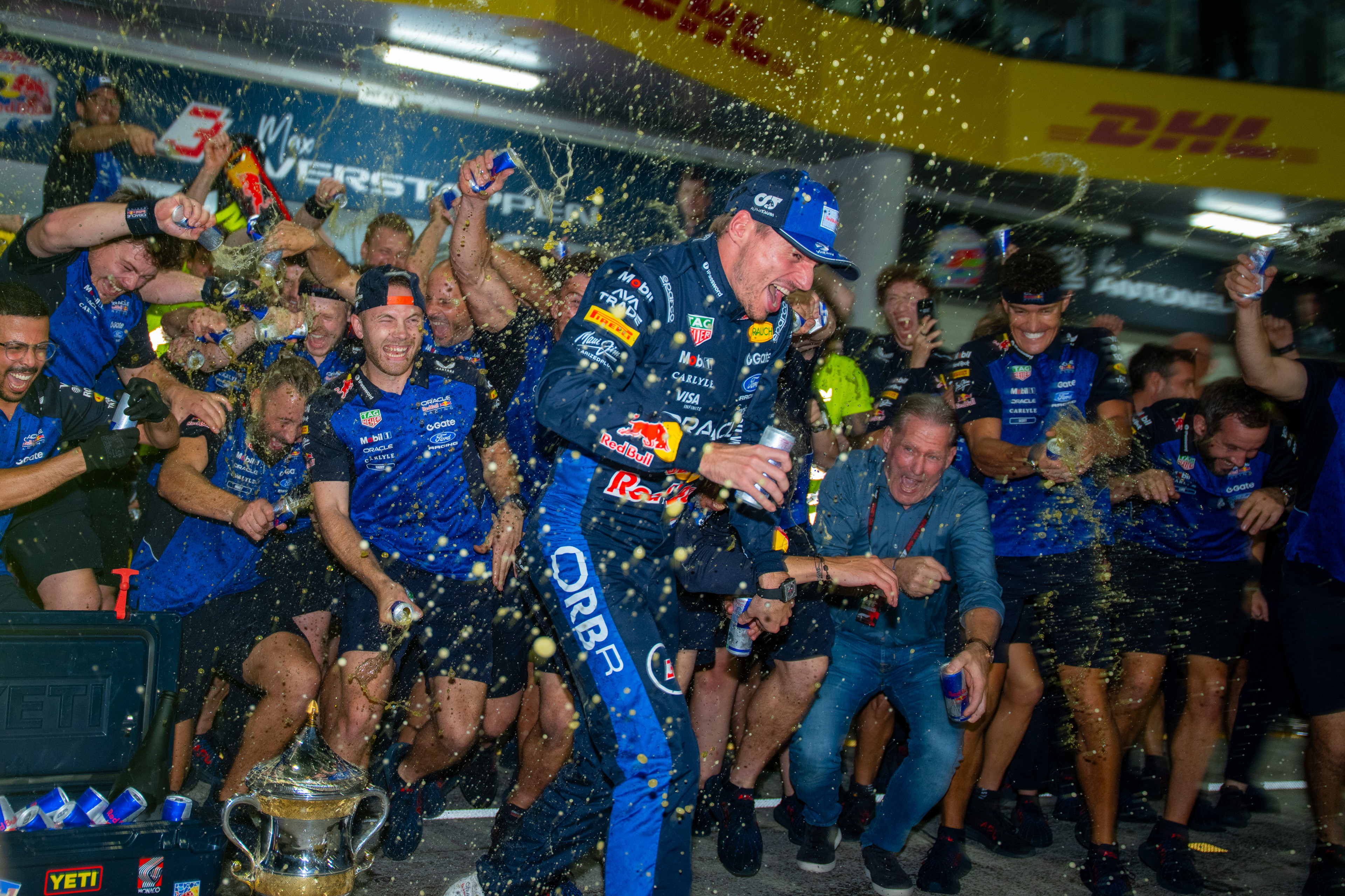 Formula 1 driver Max Verstappen celebrating victory with the Red Bull team at the Bahrain Grand Prix in Malaysia