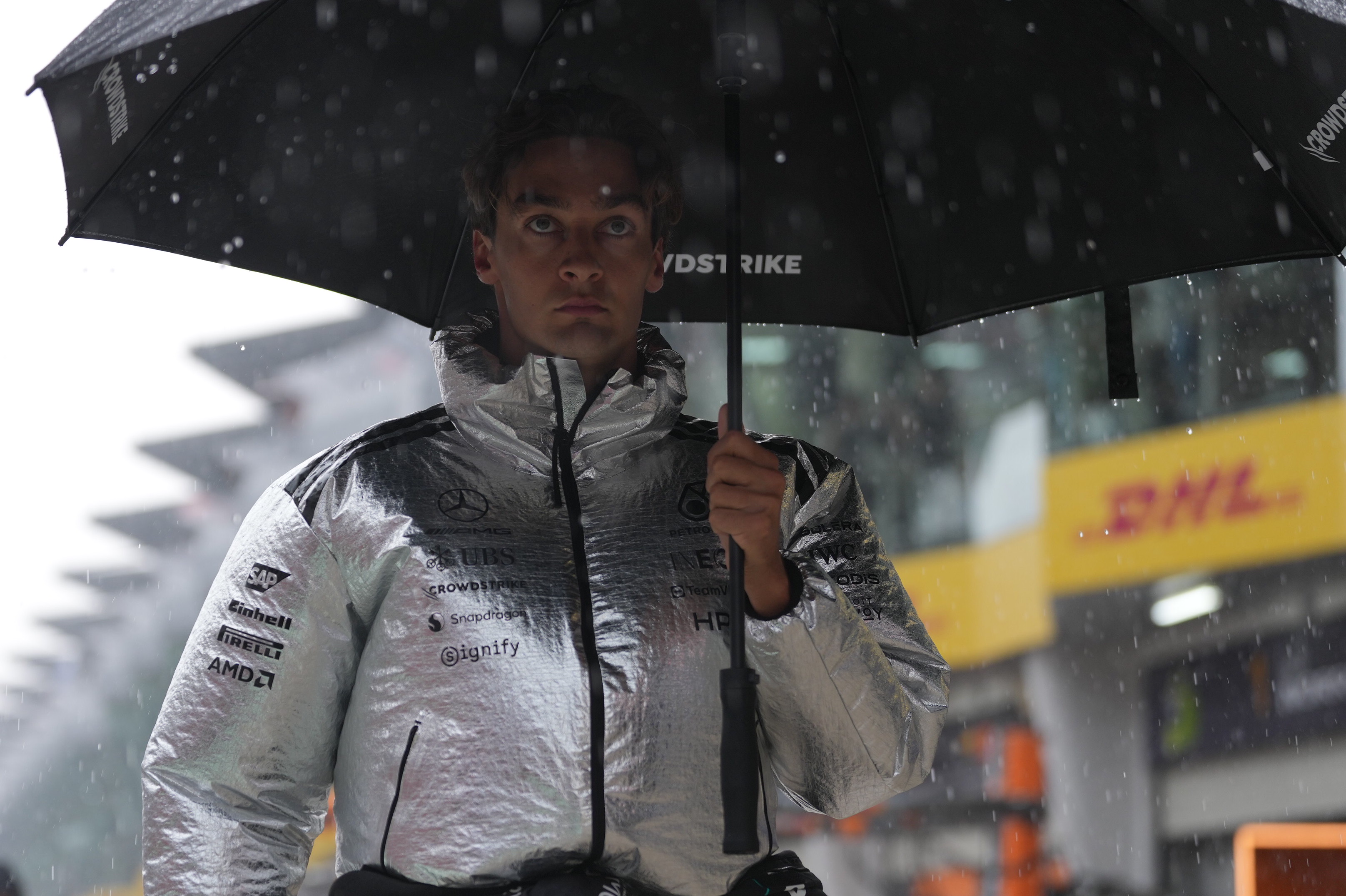 Formula 1 driver George Russell driving for Mercedes at the Bahrain Grand Prix in Malaysia