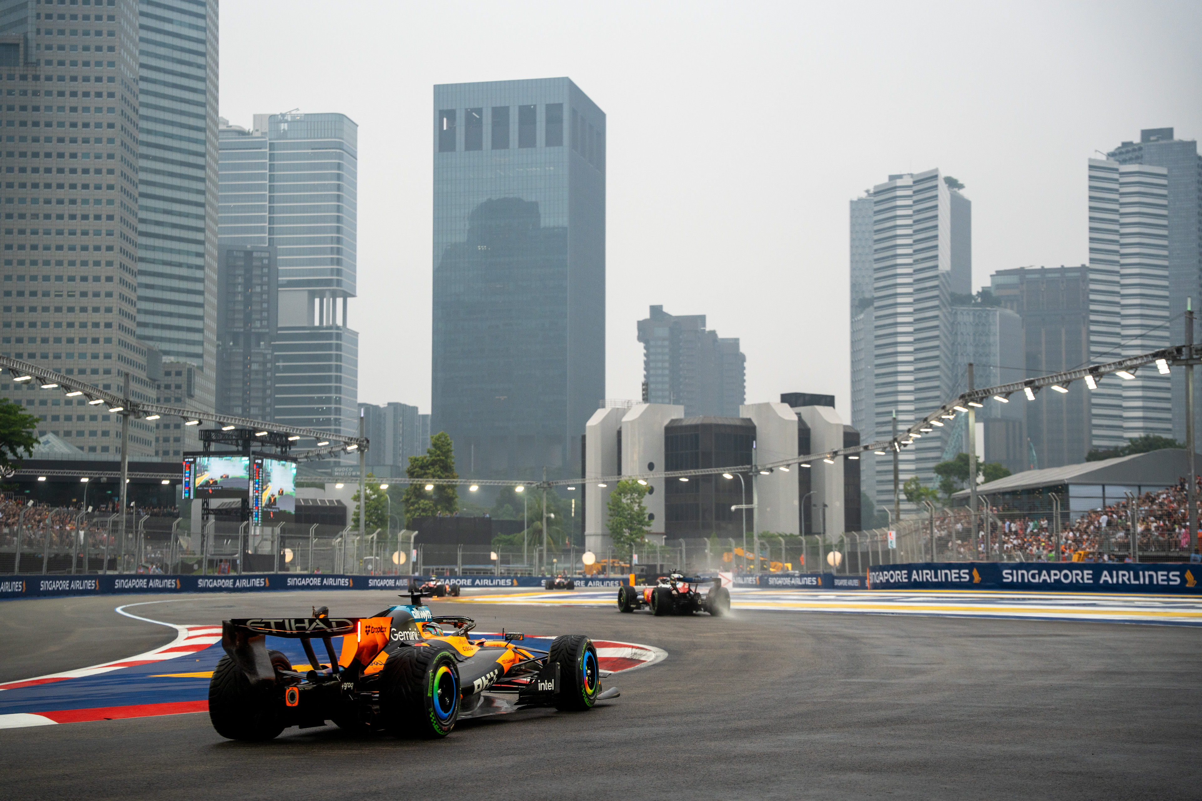 Formula 1 drivers Lewis Hamilton, Max Verstappen and Charles Leclerc after qualifying at the Singapore Grand Prix in Marina Bay