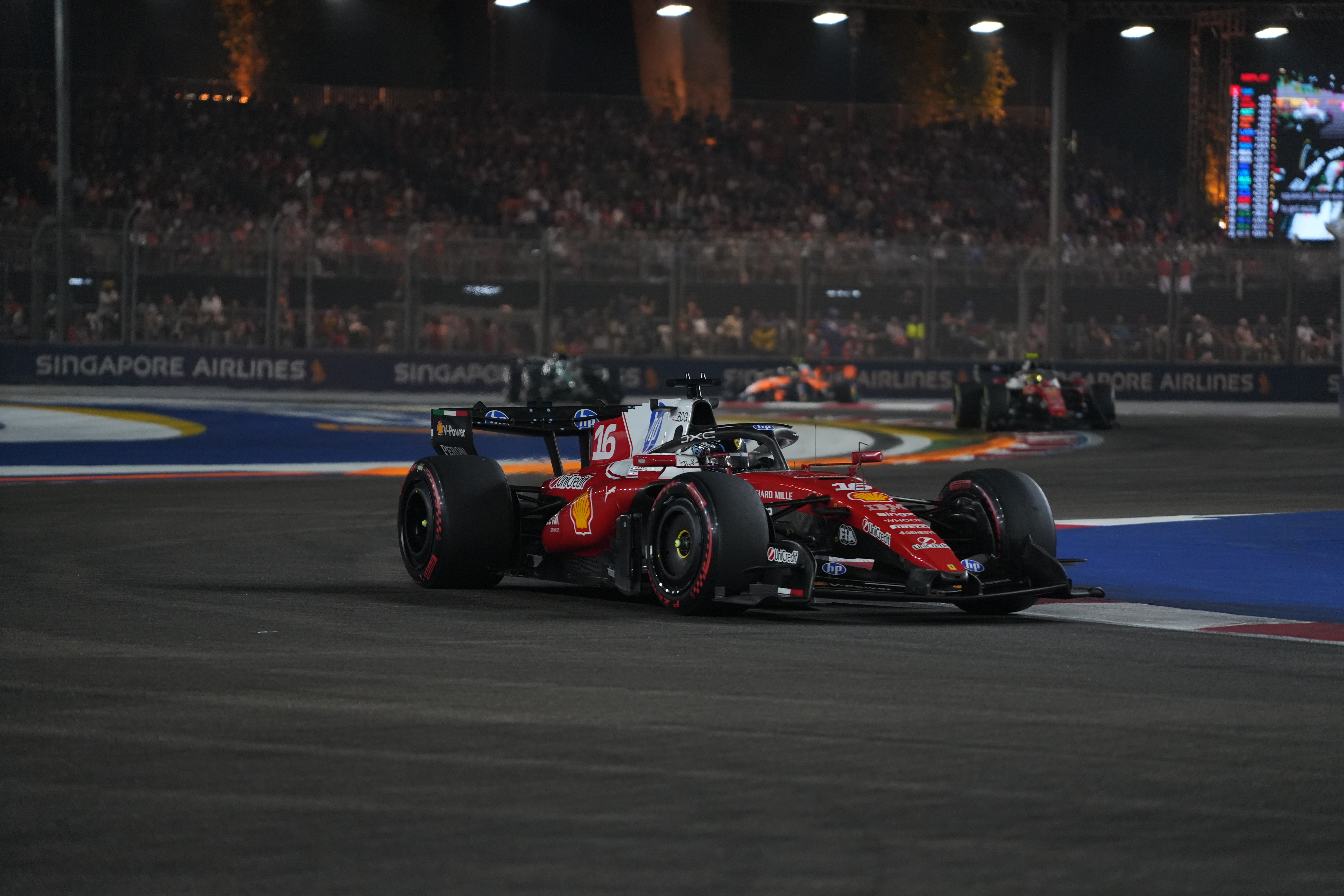 Formula 1 driver Charles Leclerc driving for Ferrari at the Singapore Grand Prix in Marina Bay