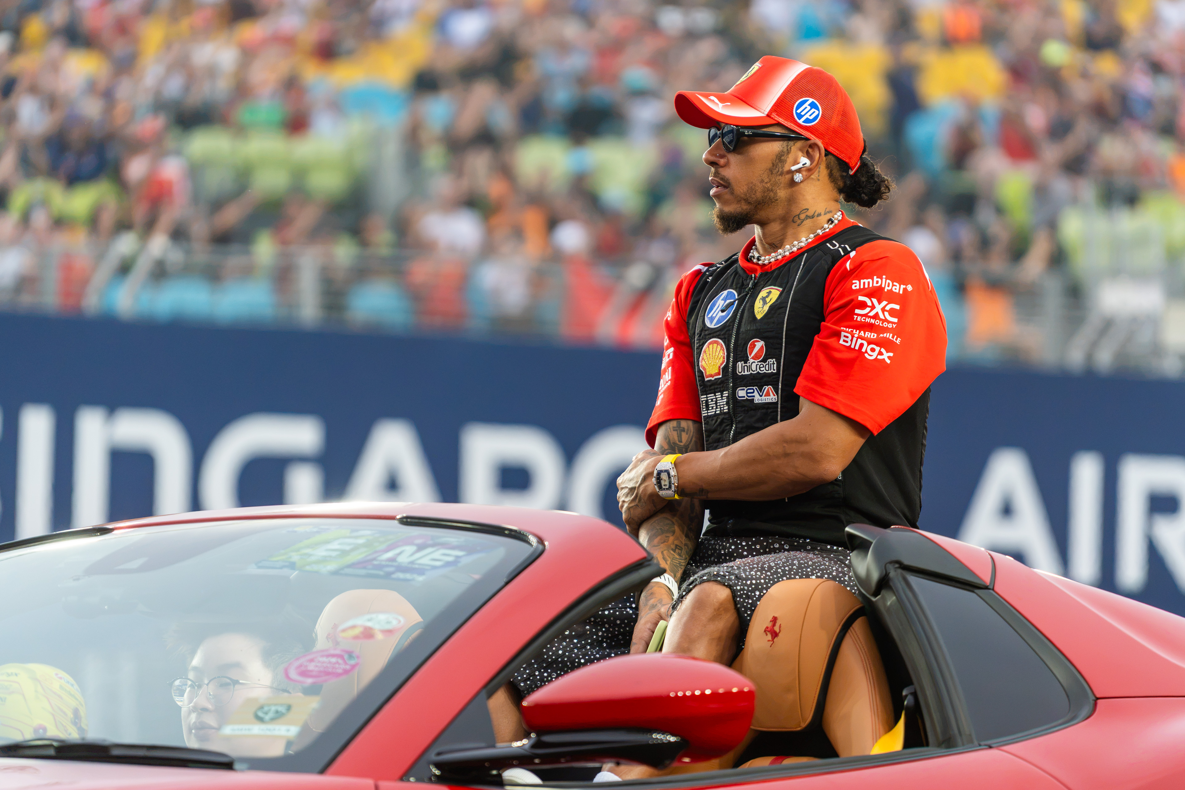 Formula 1 driver Lewis Hamilton driving for Ferrari at the Singapore Grand Prix in Marina Bay