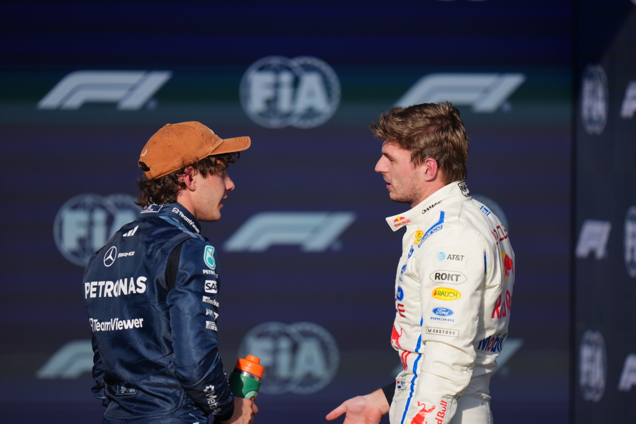 Formula 1 drivers Max Verstappen, Kimi Antonelli and Isack Hadjar after qualifying at the United States Grand Prix in Austin