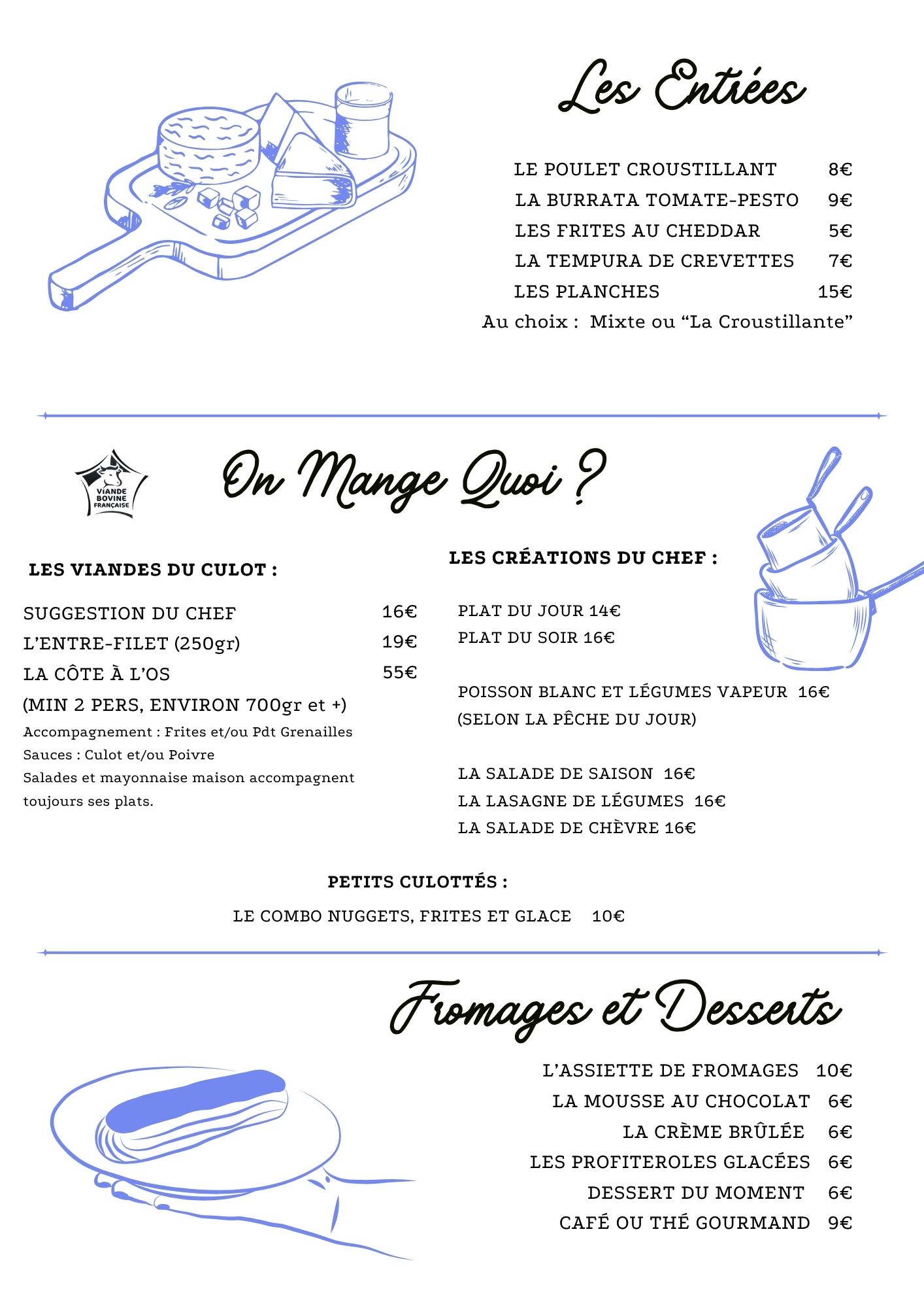 Menu boissons avec cocktail au bar restaurant Le Culot à Lille