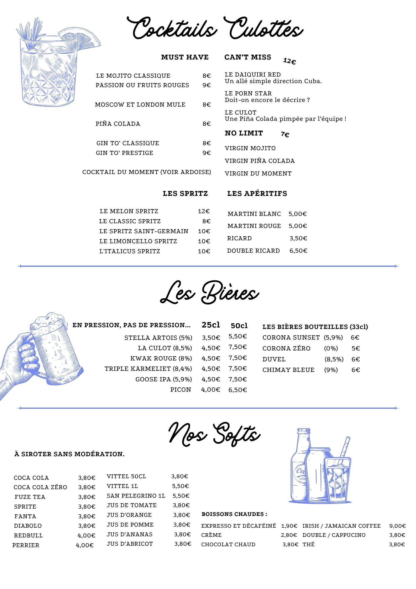 Menu boissons avec cocktail au bar restaurant Le Culot à Lille
