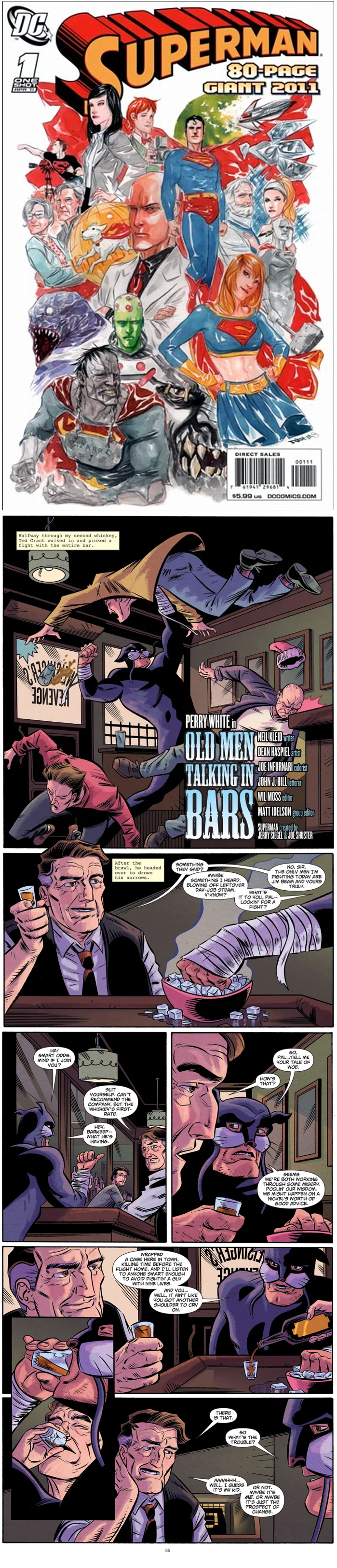pages from 'old men talking in bars' and the cover to superman 2011 80 page giant #1