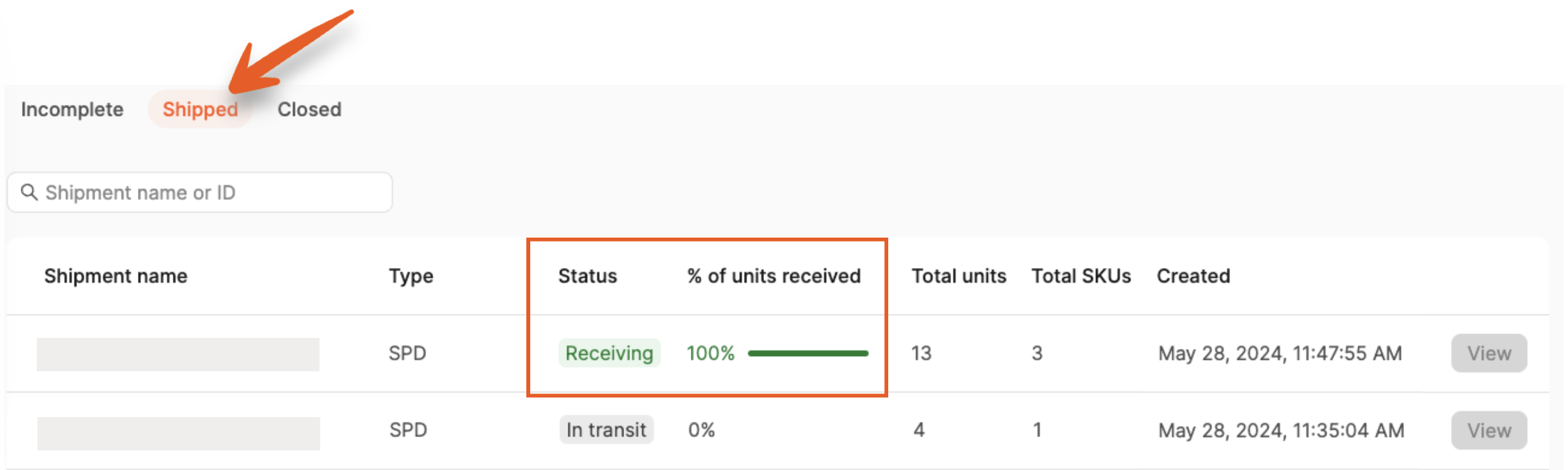 Shipment in receiving status