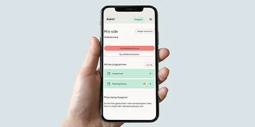 Smarttelefon viser Askin sin 'Min side' der brukere enkelt kan laste opp medisinske bilder og blodprøveresultater.