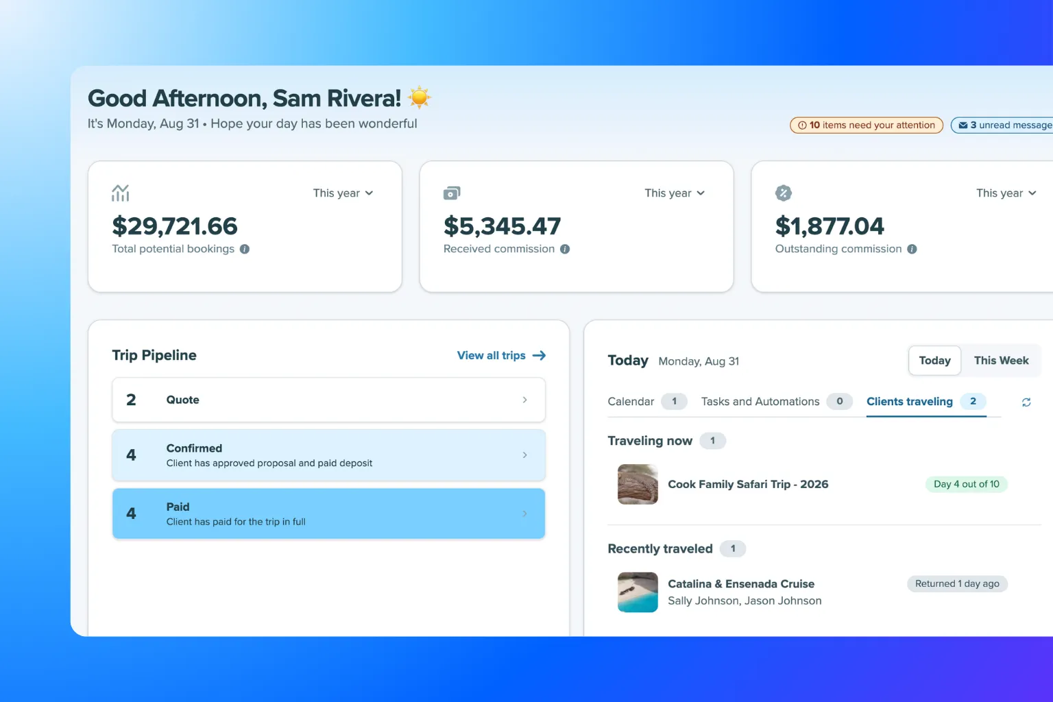 Travefy Compass, your CRM dashboard.