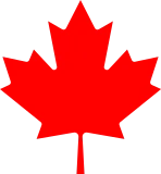Red maple leaf silhouette with pointed lobes and serrated edges on a transparent background.