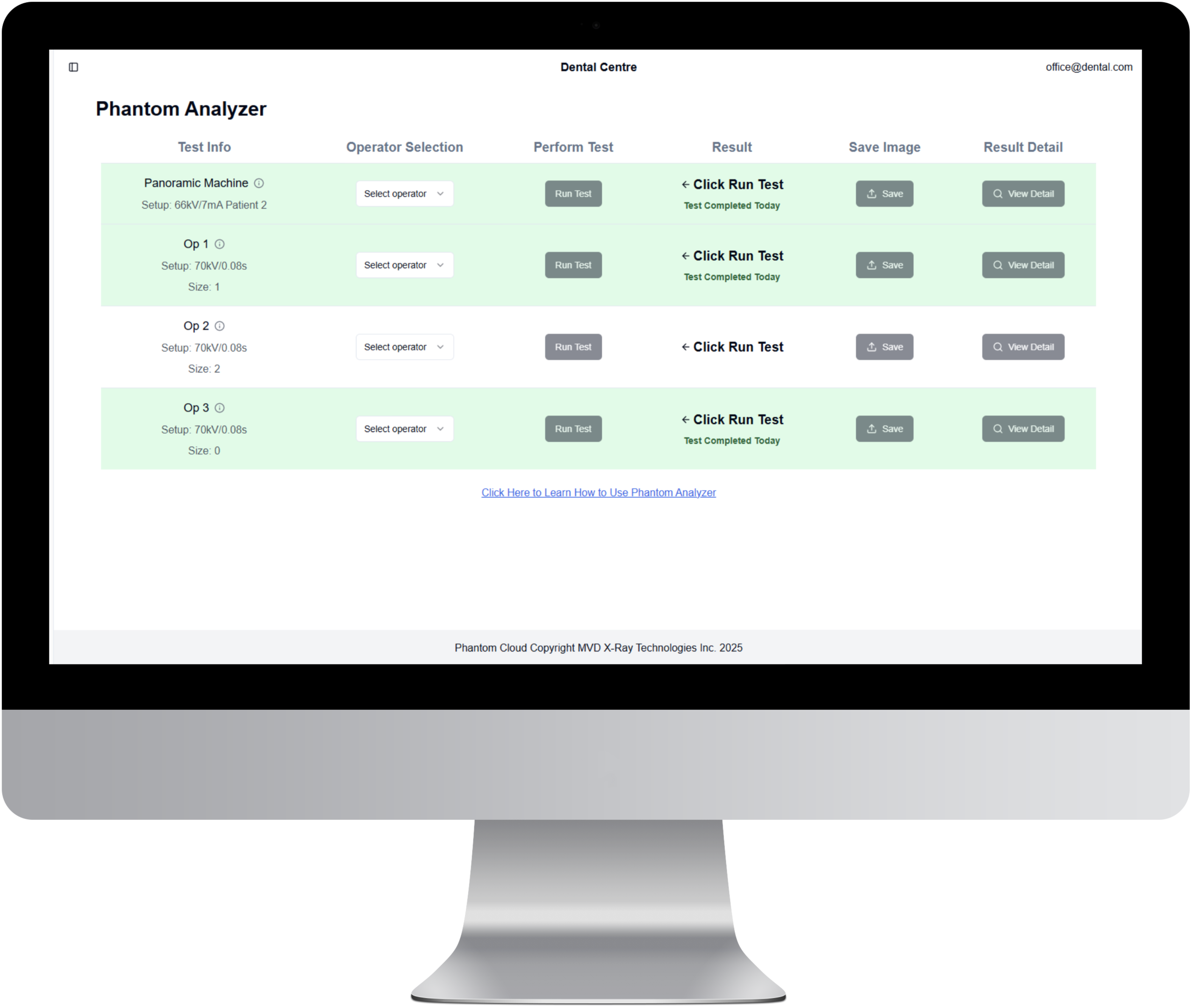 Dental Centre Phantom Analyzer interface displaying test info, operator selection, test performance buttons, results, save options, and result details for panoramic machine and three operators.