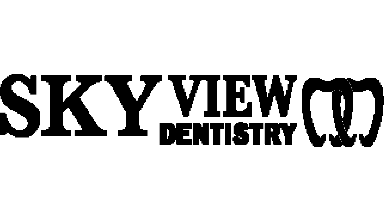 Stylized logo featuring a white, abstract tooth shape combined with three blue upward stripes resembling a skyline or bars, next to green curved lines, representing Skyvew Dentistry.