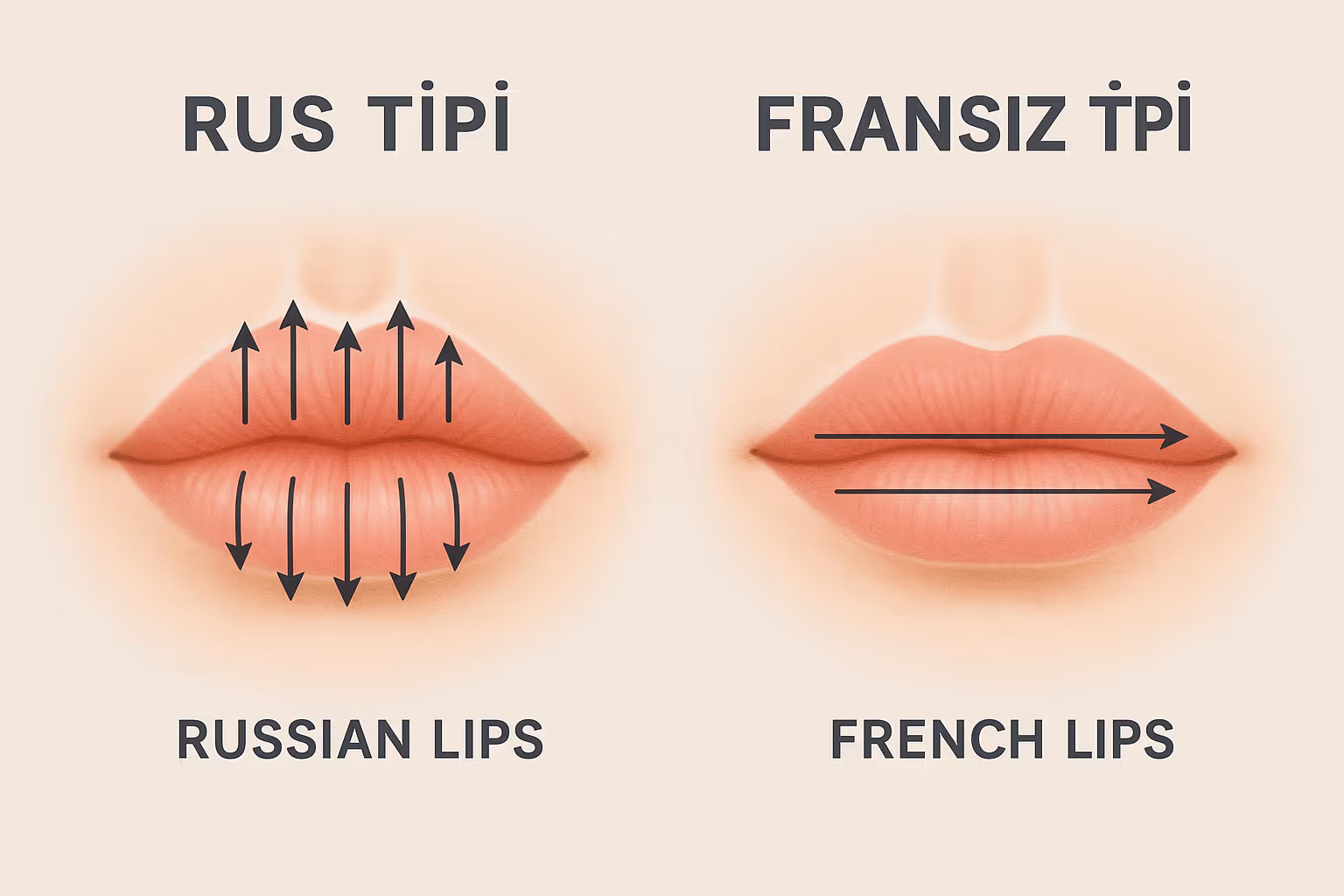 Rus tipi ve Fransız tipi dudak dolgusu farkları - şematik gösterim